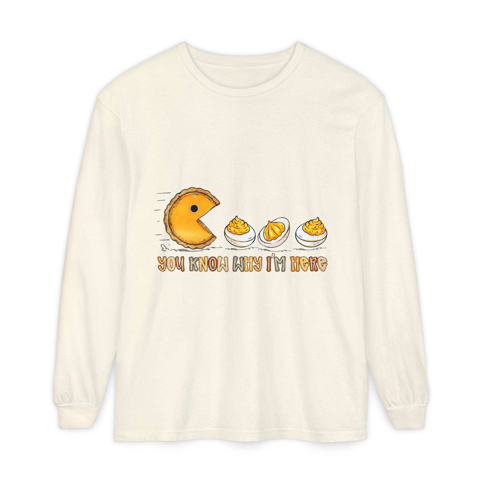 White long sleeve t-shirt featuring 'You Know Why I'm Here' deviled eggs graphic by Printify