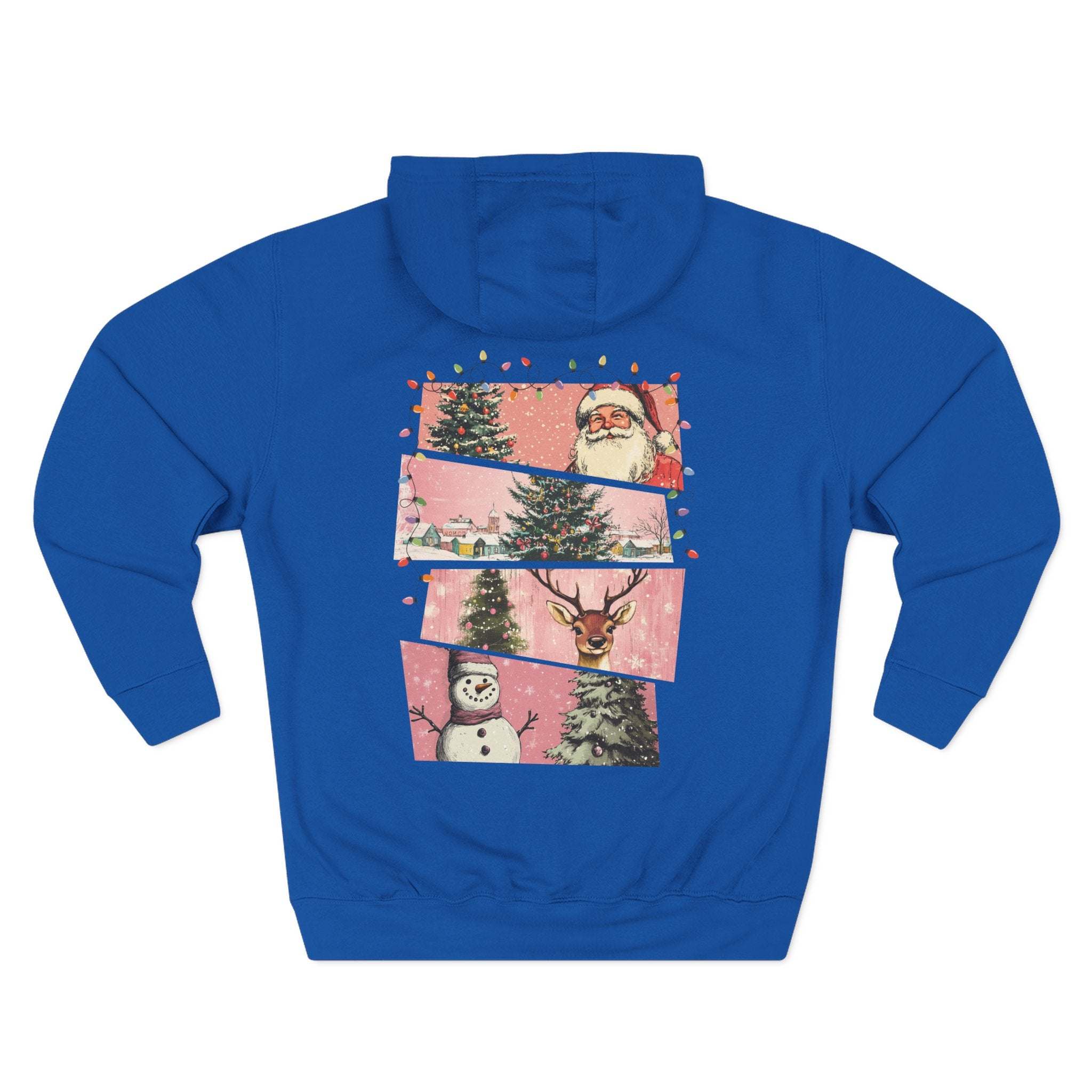 Blue fleece hoodie with Christmas watercolor design featuring Santa, trees, reindeer, and snowman on back