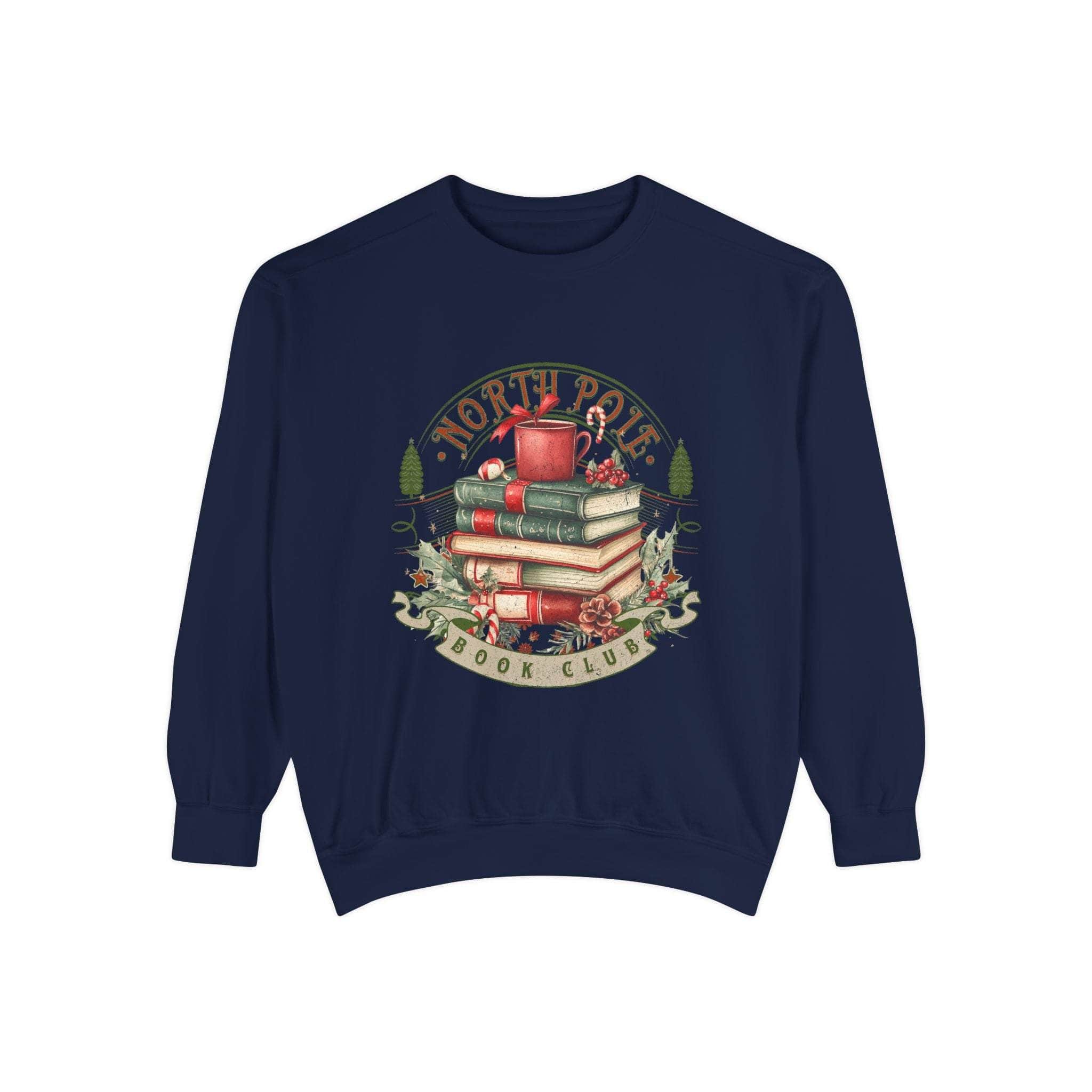 Vintage North Pole Book Club navy sweatshirt with holiday book stack design and cozy fit