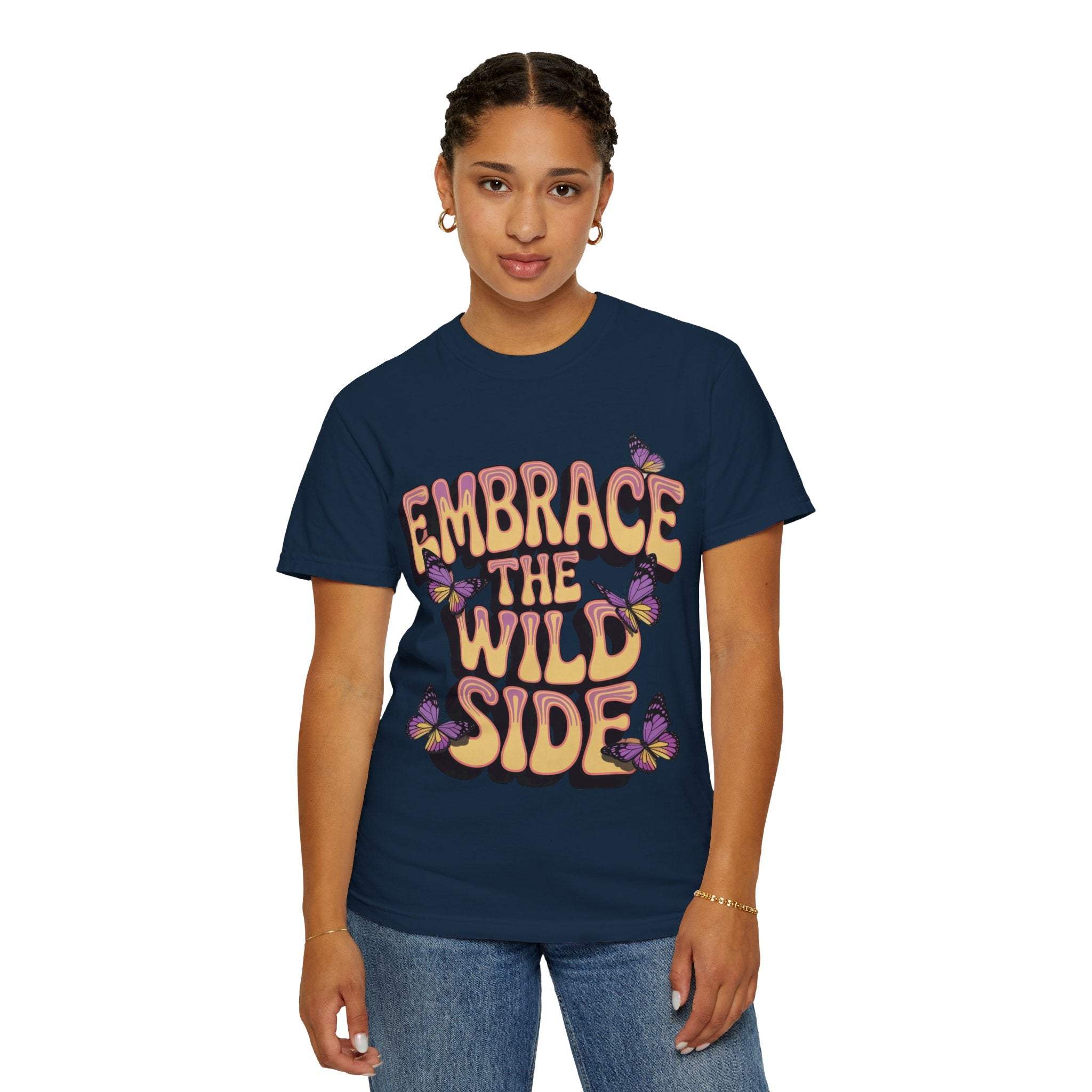 Unisex navy garment-dyed T-shirt with "Embrace the Wild Side" print and butterfly design