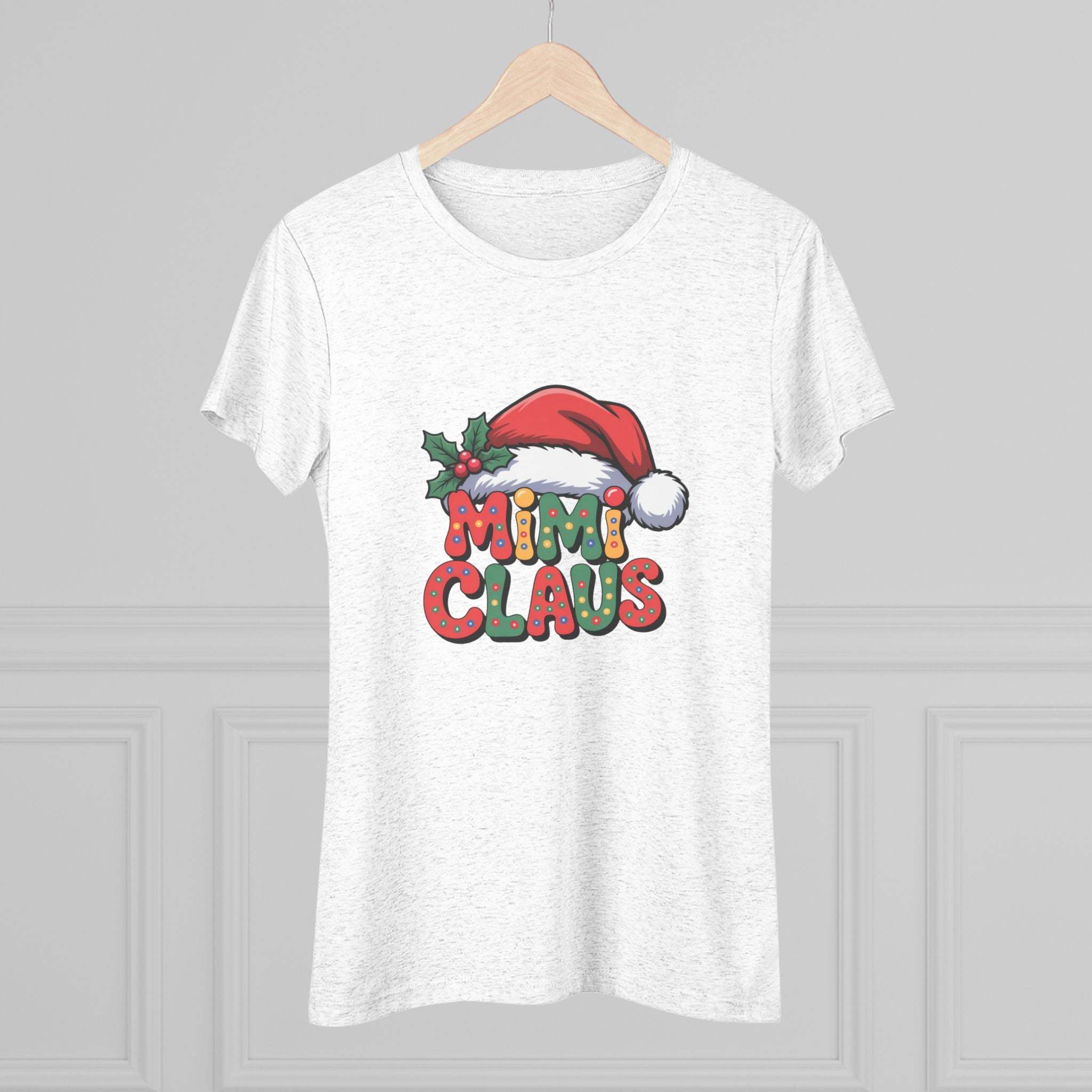 Women T-shirt with festive Mimi Claus design and Santa hat in soft triblend fabric for Christmas holiday