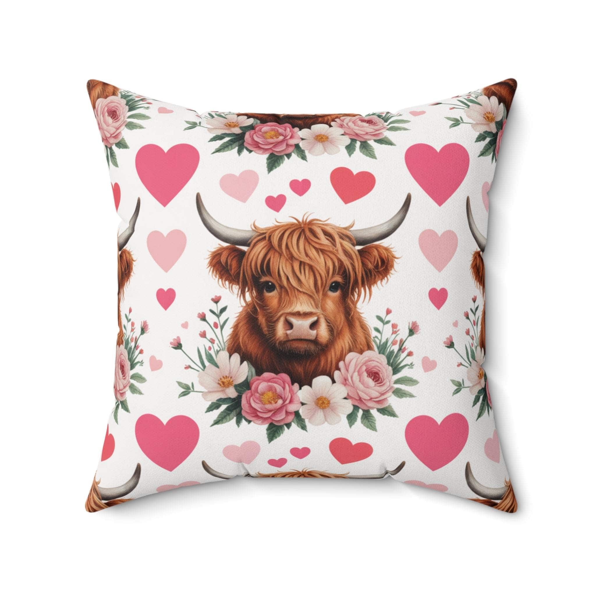 Floral Valentine Highland Cow Pillow with rustic floral design and cozy muted tones