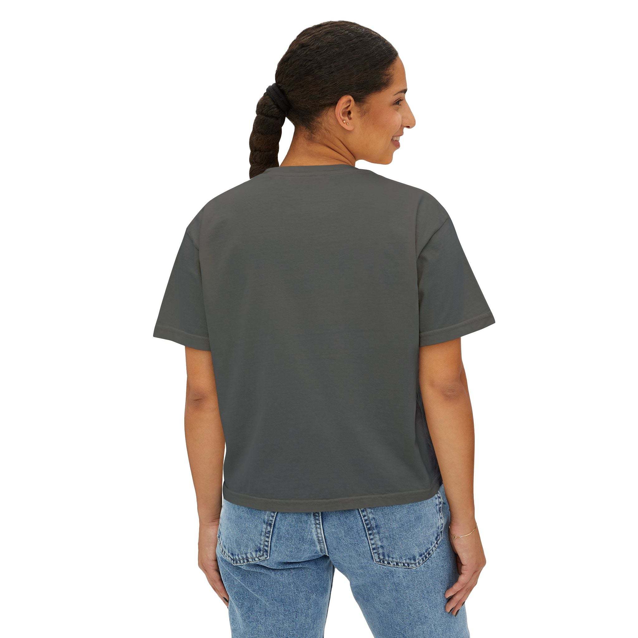 Women's grey boxy tee shown from back with short sleeves and casual fit