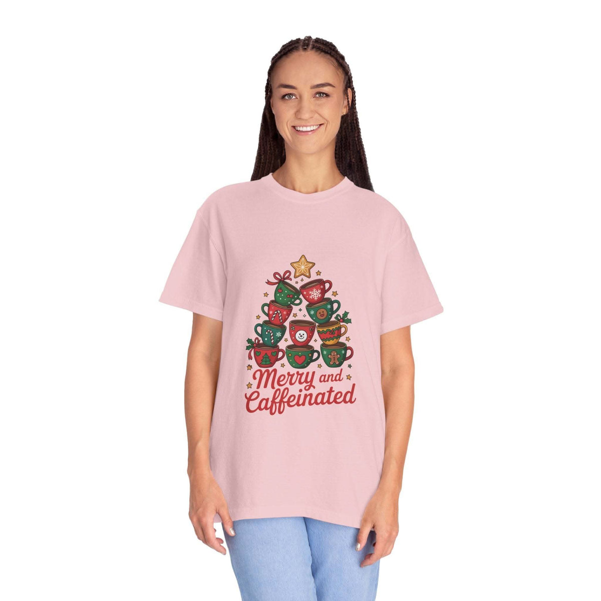 Woman wearing pink Merry and Caffeinated T-shirt with festive coffee cup design
