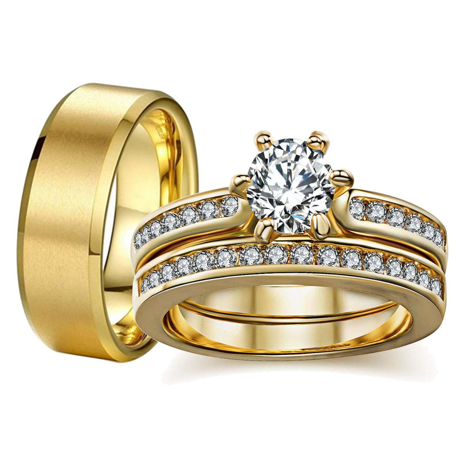 Couples wedding rings set with white gold plated women's ring and titanium men's band, durable and hypoallergenic.