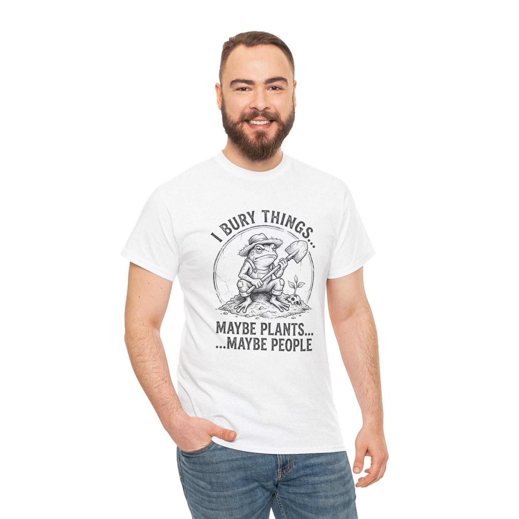 I Bury Things Maybe Plants Maybe People dark humor gardener t-shirt with gnome digging design