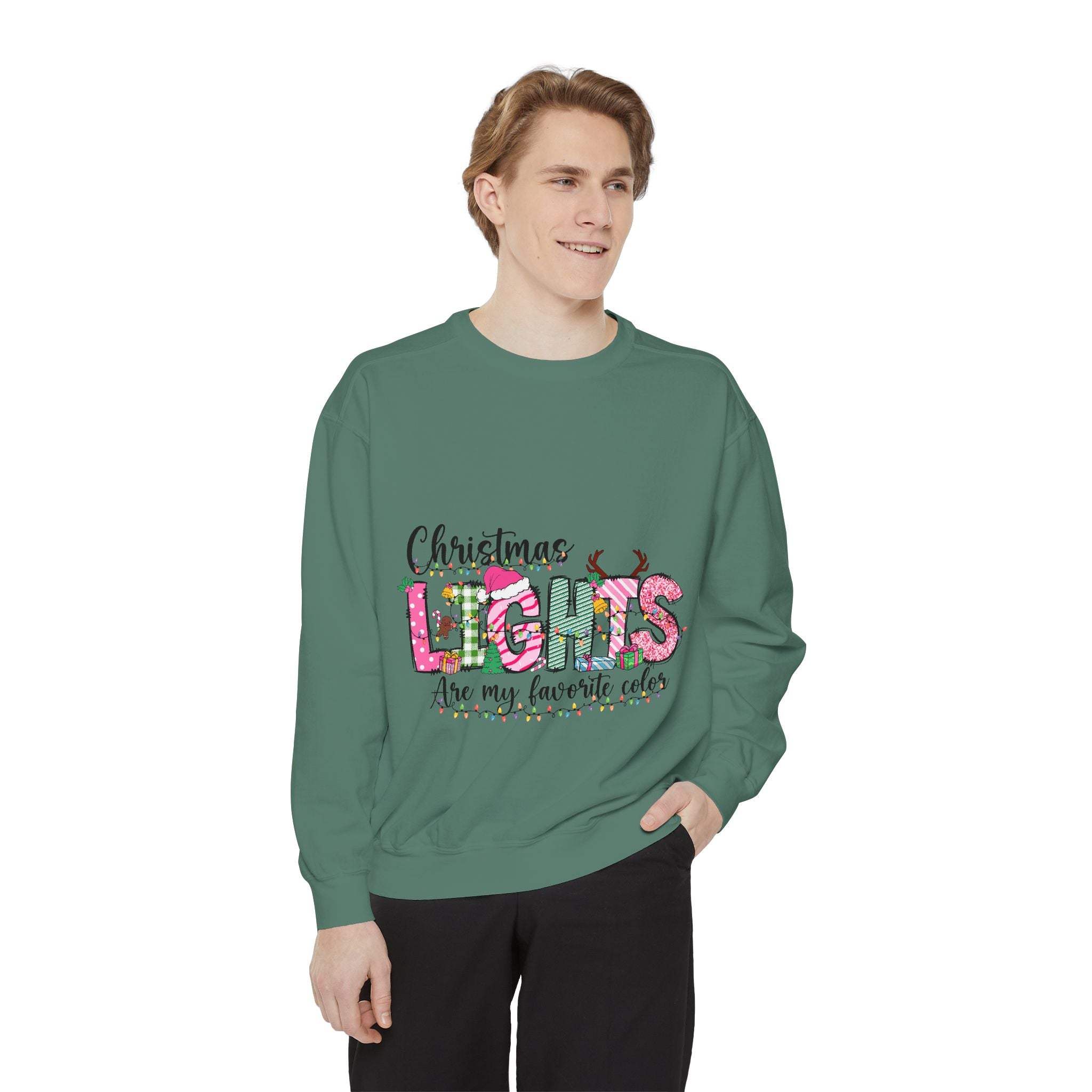 White garment-dyed sweatshirt featuring festive Christmas lights design by Printify