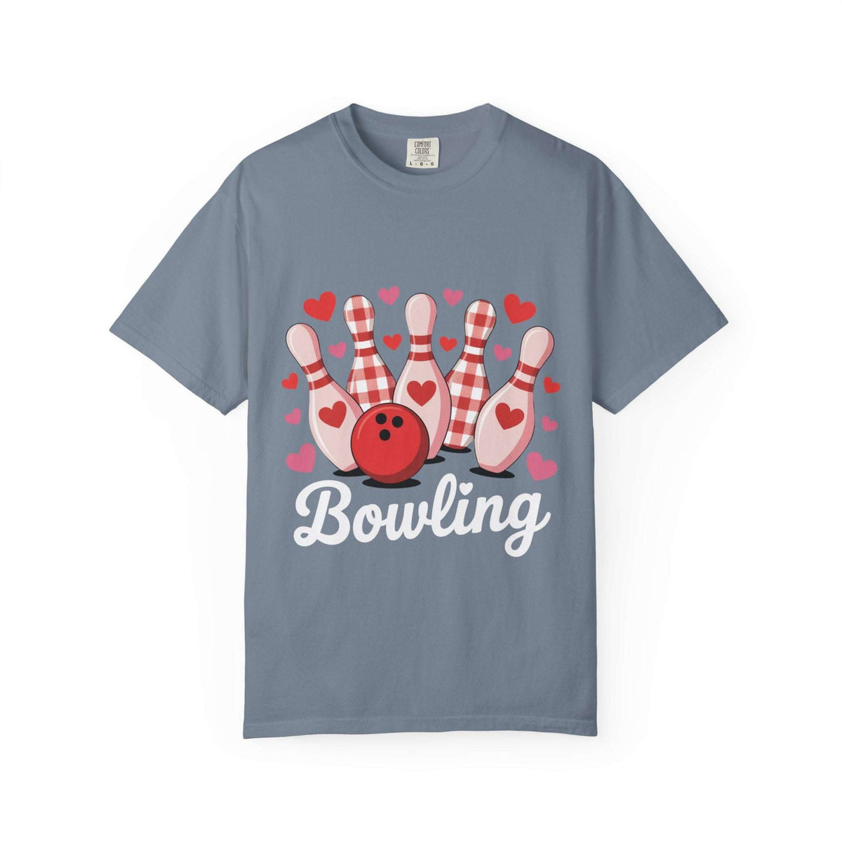 Bowling Hearts Tshirt with tiny hearts and curved bowling pin design on heavyweight cotton