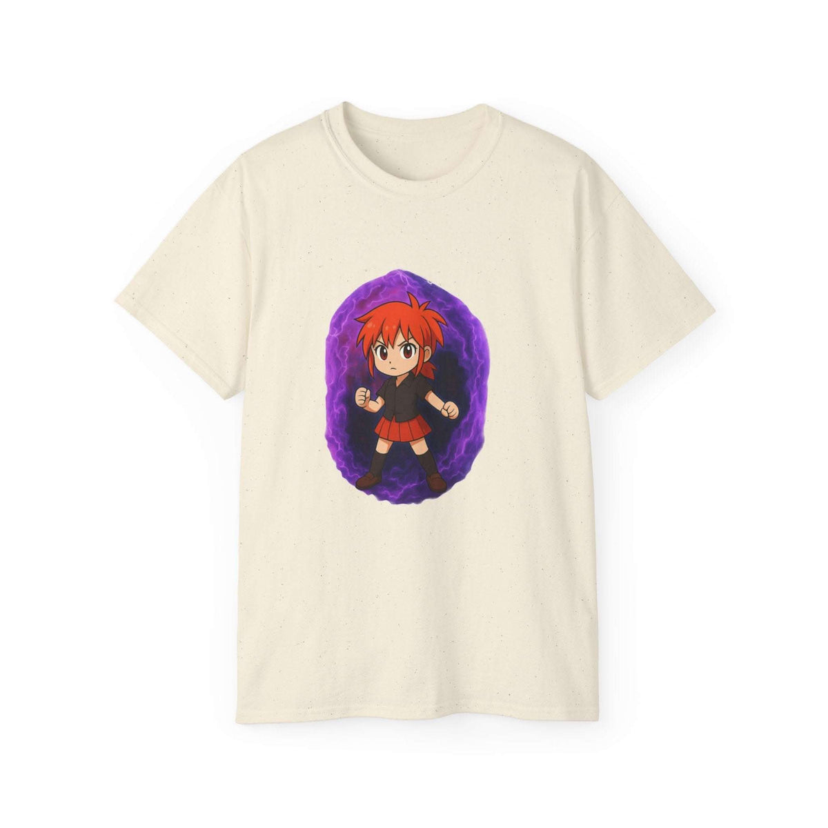 White unisex t-shirt featuring Anime Purple Power Girl design, perfect for casual wear and cosplay.