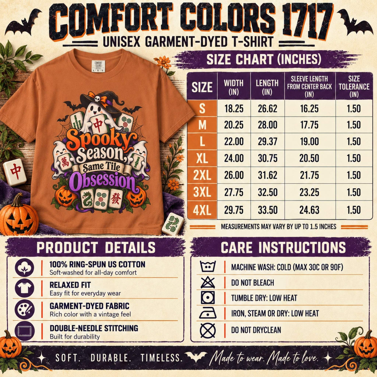 Comfort Colors 1717 Halloween mahjong T-shirt size chart for S–4XL, with width, length and sleeve measurements in inches, plus care instructions.