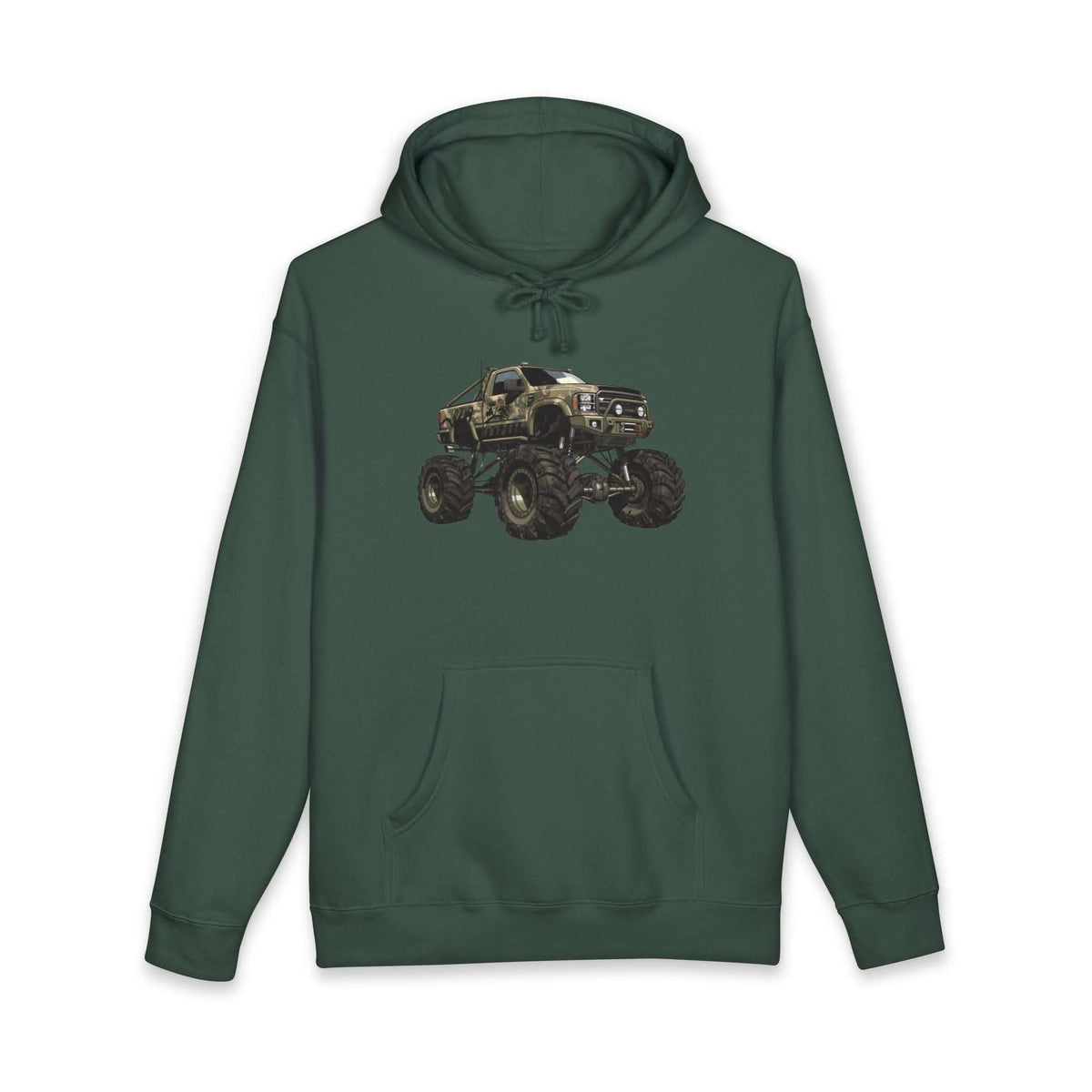 American Flag Monster Truck hoodie with camouflage truck graphic and distressed flag design