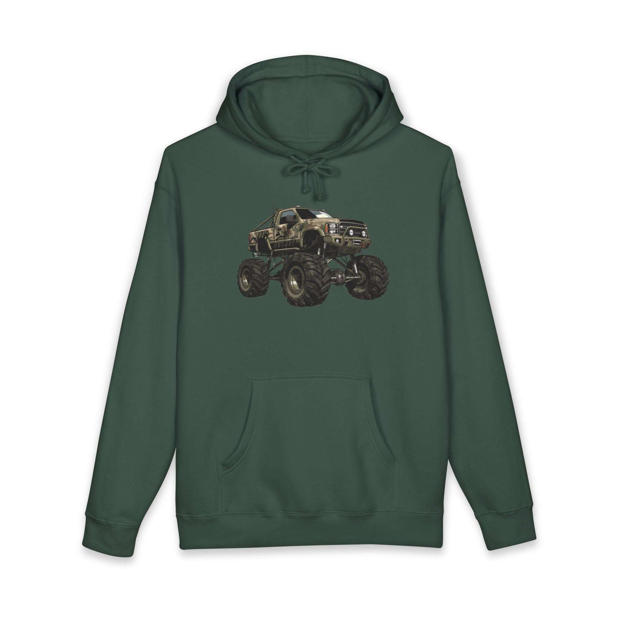 American Flag Monster Truck hoodie with camouflage truck graphic and distressed flag design