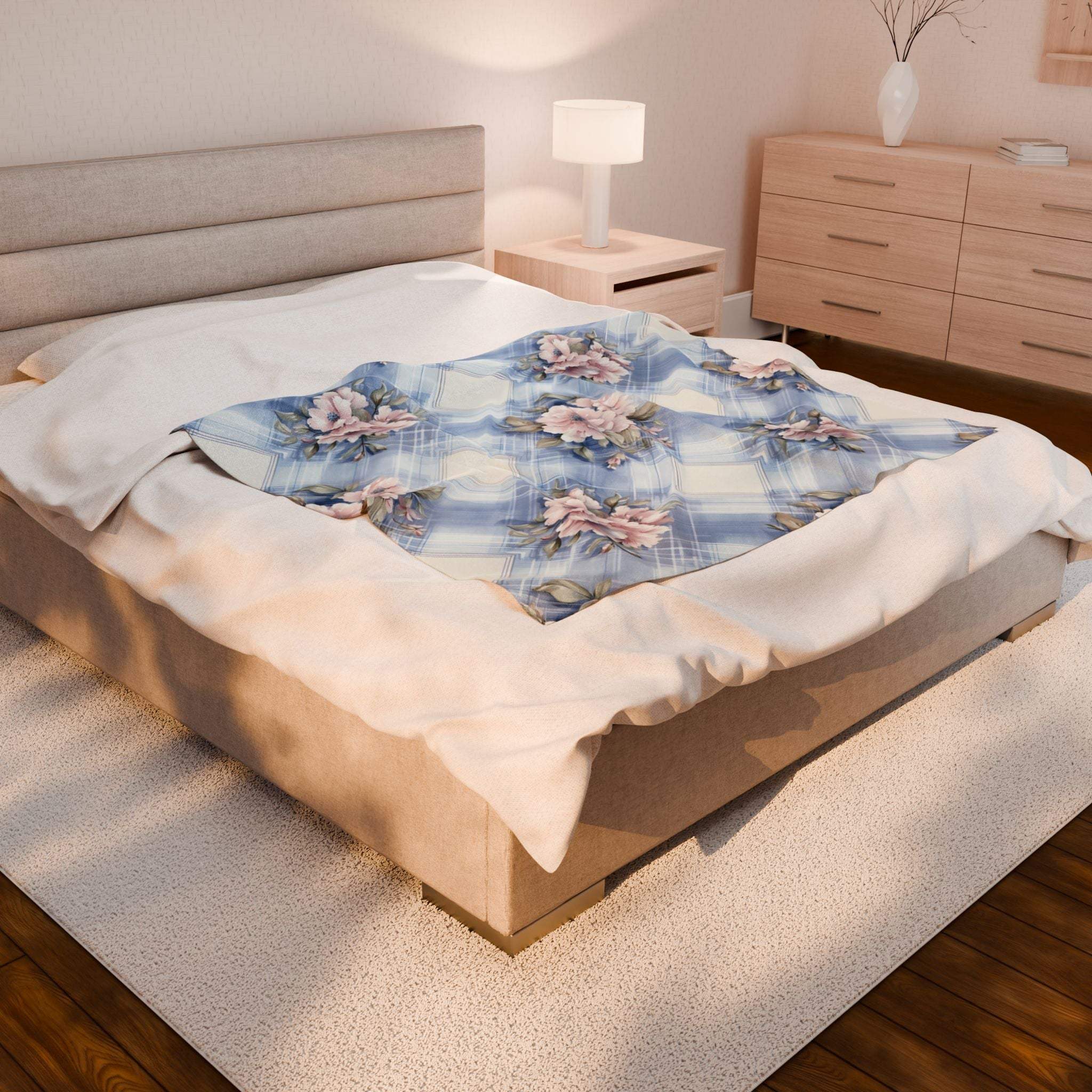 Floral pastel velveteen plush blanket in light blue and pink by Printify, available in multiple bedding sizes.
