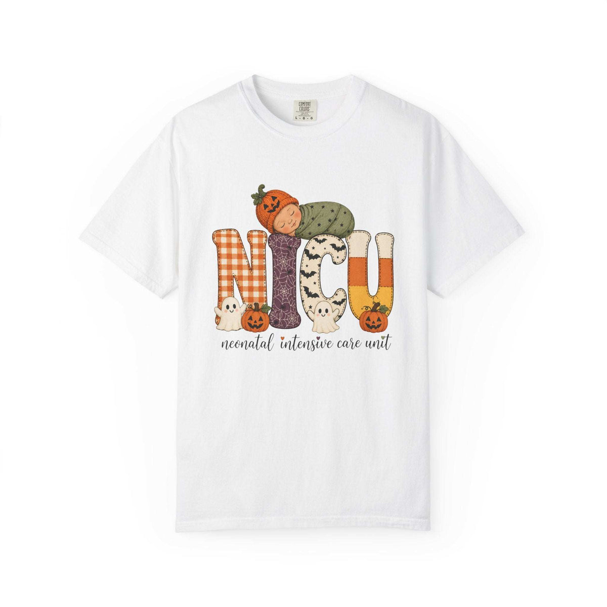 White NICU nurse Halloween T-shirt with patchwork lettering, a sleeping baby in a pumpkin hat, ghosts, and jack-o’-lanterns.