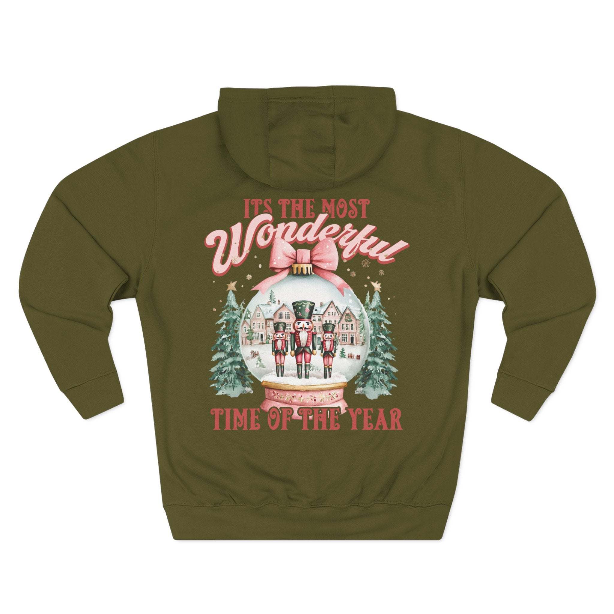 Cozy olive fleece hoodie with festive nutcracker snow globe design and holiday text