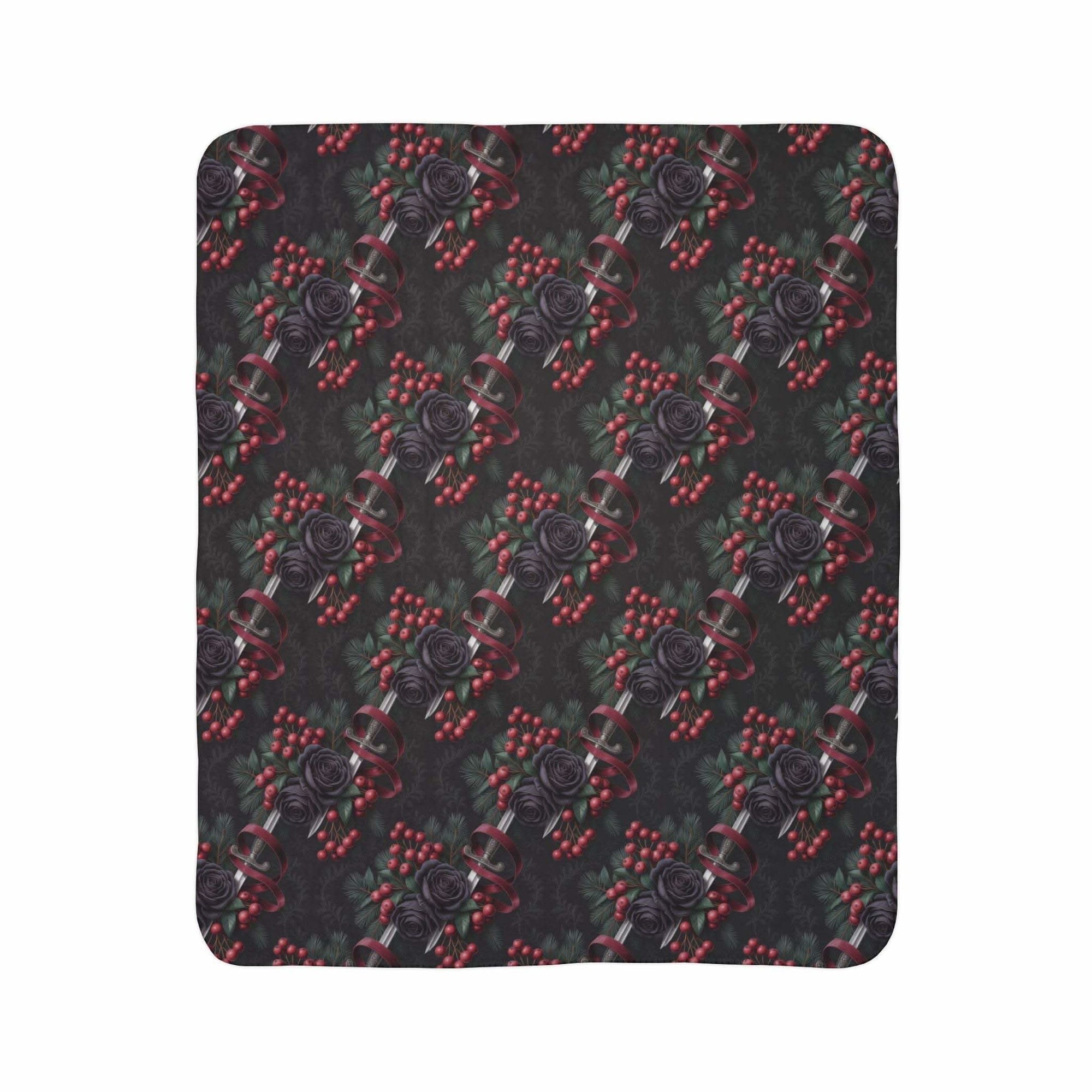 Gothic fleece sherpa blanket with black roses and dagger pattern in dark colors