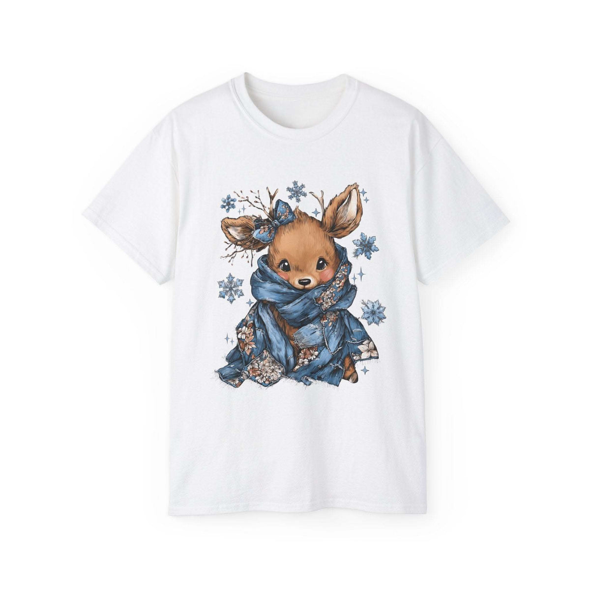 White Retro Patchwork Reindeer T-shirt with cute reindeer in blue scarf and snowflakes design