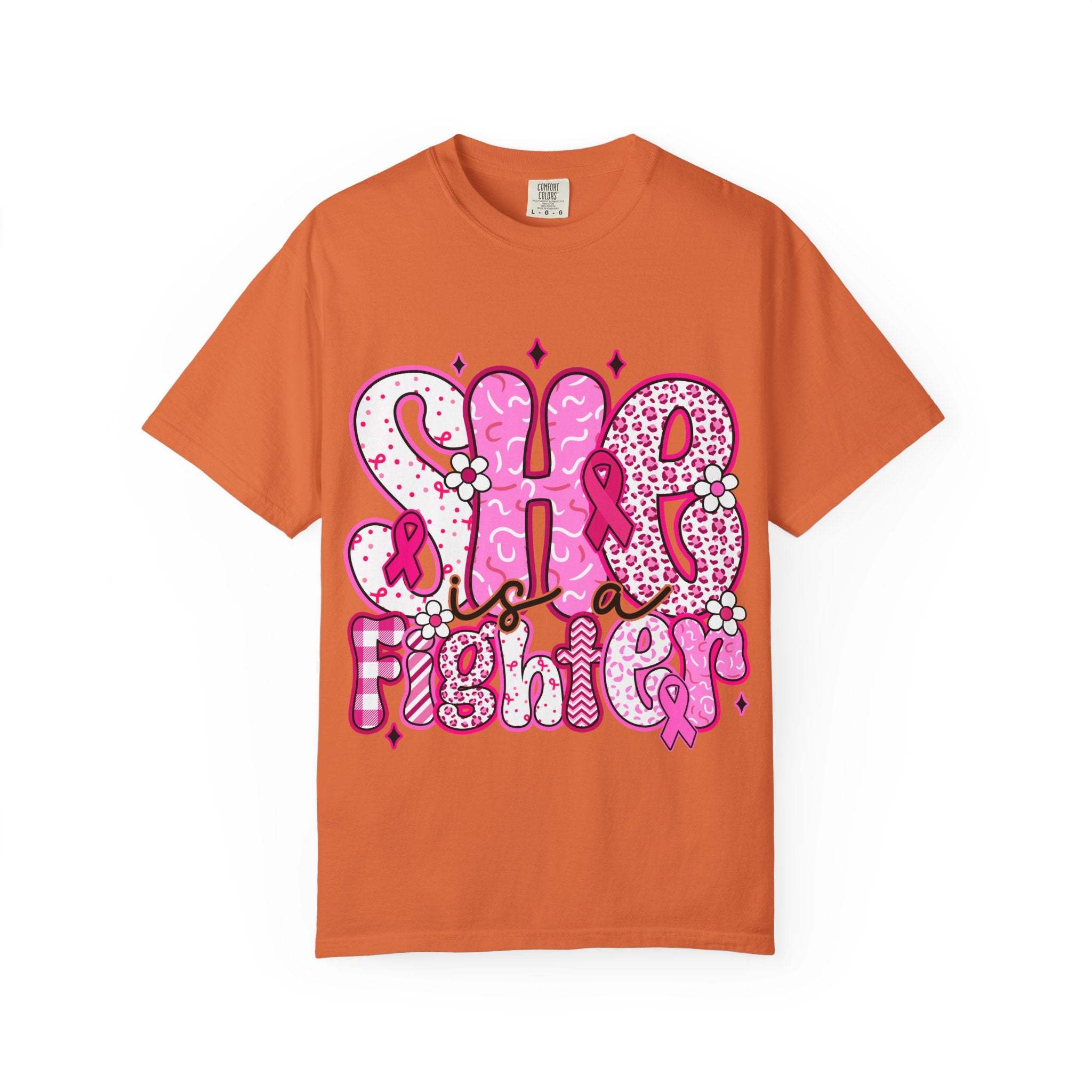 Unisex cotton t-shirt in black with 'Fighter Breast Cancer' graphic for awareness support
