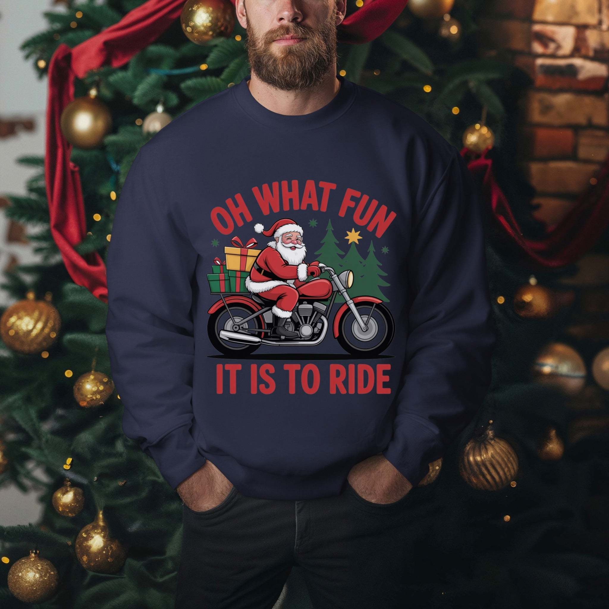 Man wearing navy Motorcycle Santa Sweatshirt with Santa on motorcycle and holiday gifts design in festive setting