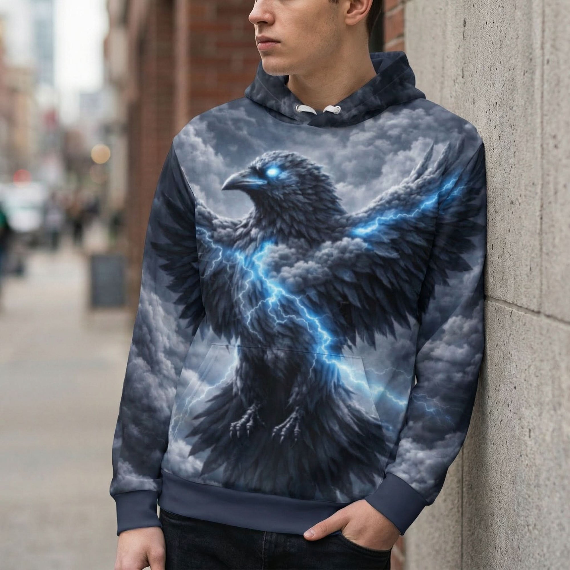 Storm Raven all-over print cotton sweatshirt with gothic lightning and raven design
