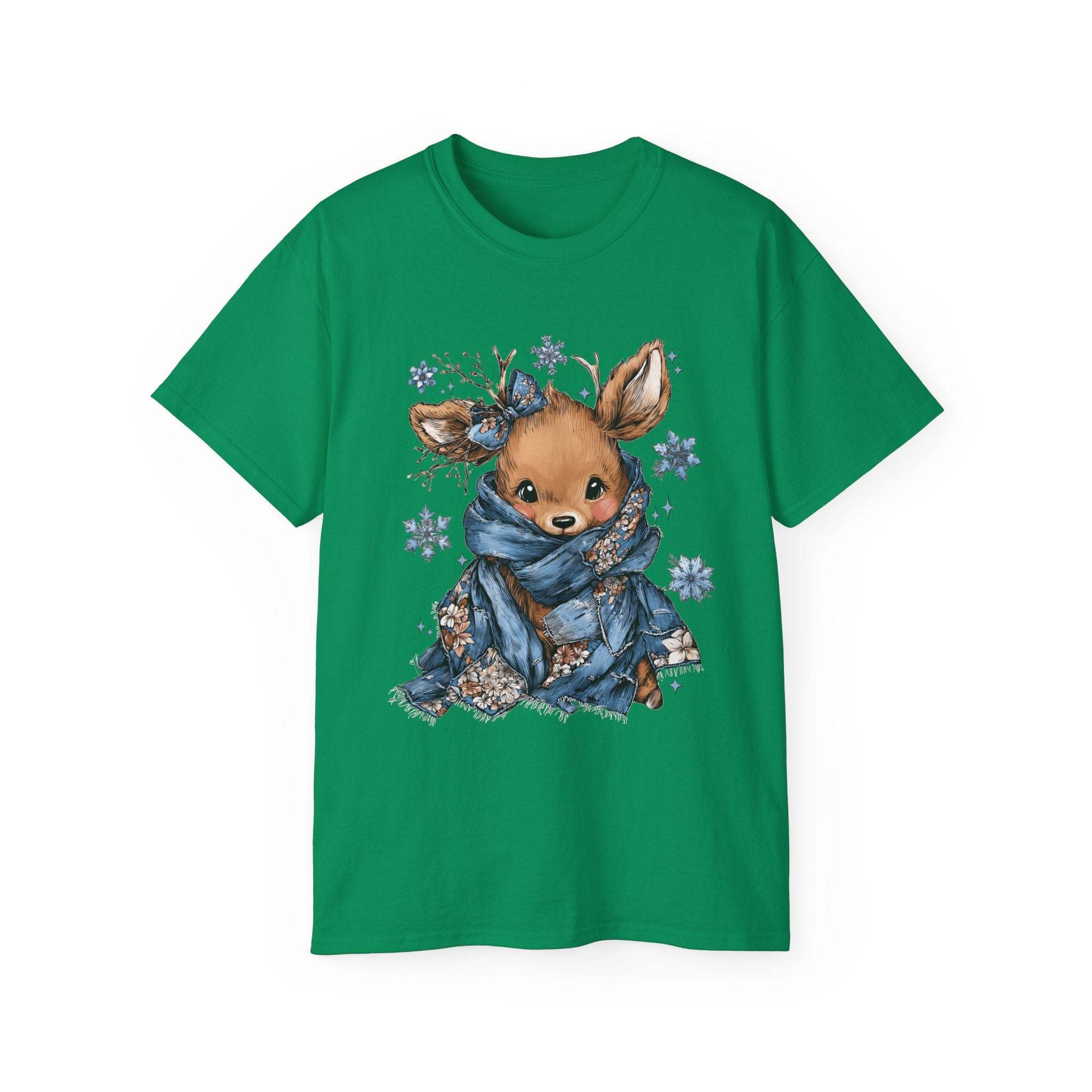 Green Retro Patchwork Reindeer T-shirt with cute reindeer wearing a blue scarf and snowflake design