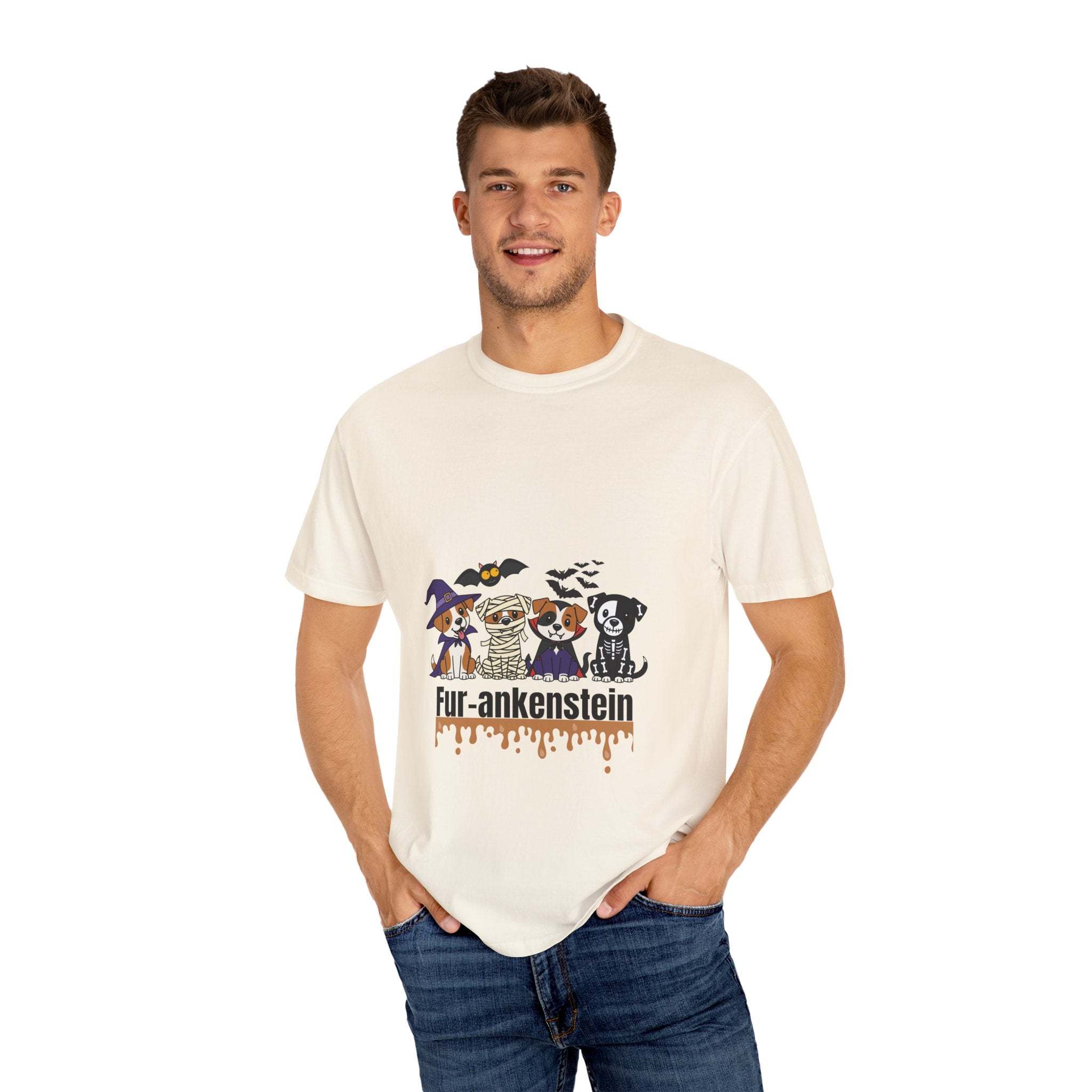 Man wearing puppies Halloween T-shirt with dogs in costumes and Fur-ankenstein text, soft cotton fabric, relaxed fit