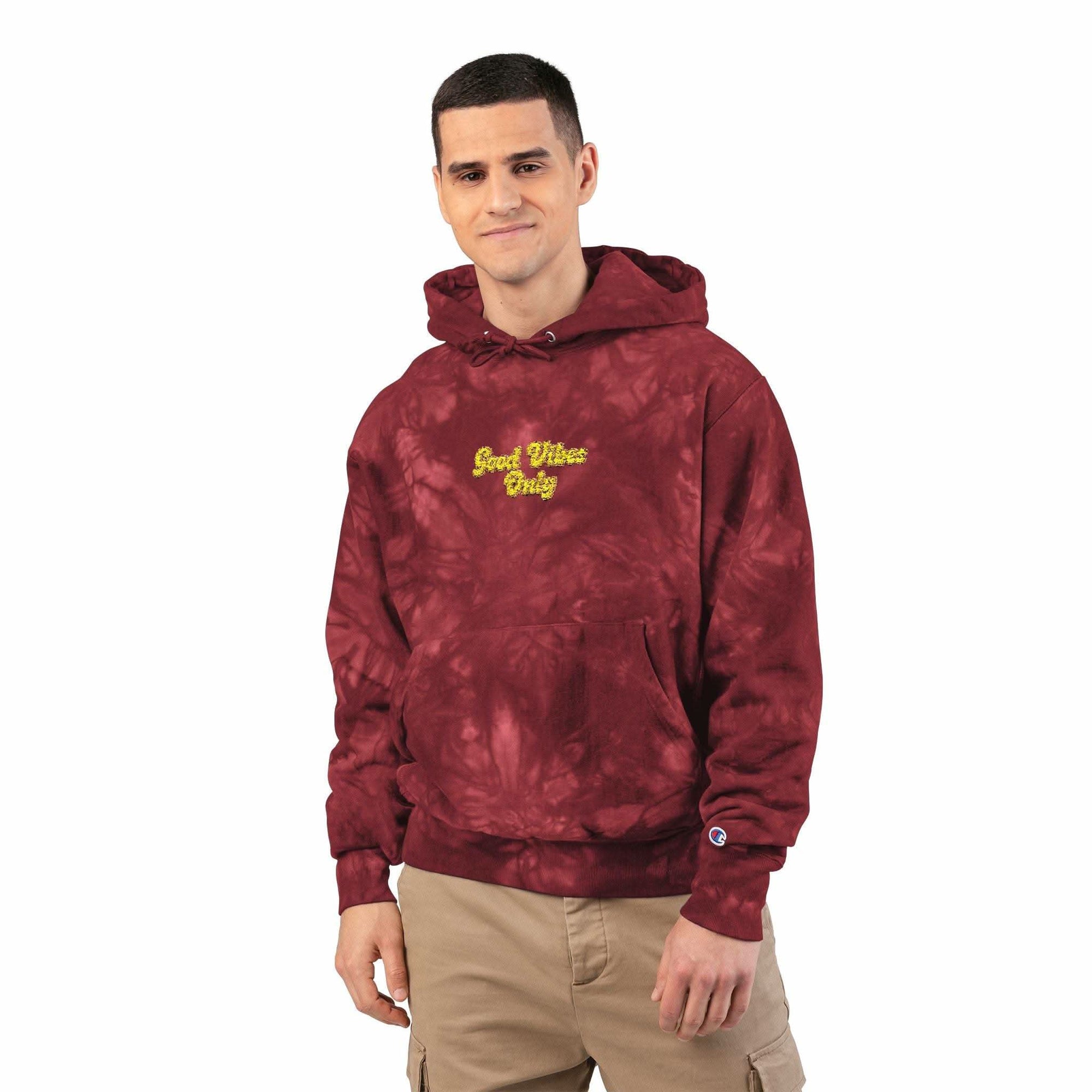 Mulled Berry tie-dye hoodie with 'Good Vibes Only' embroidery by Printify