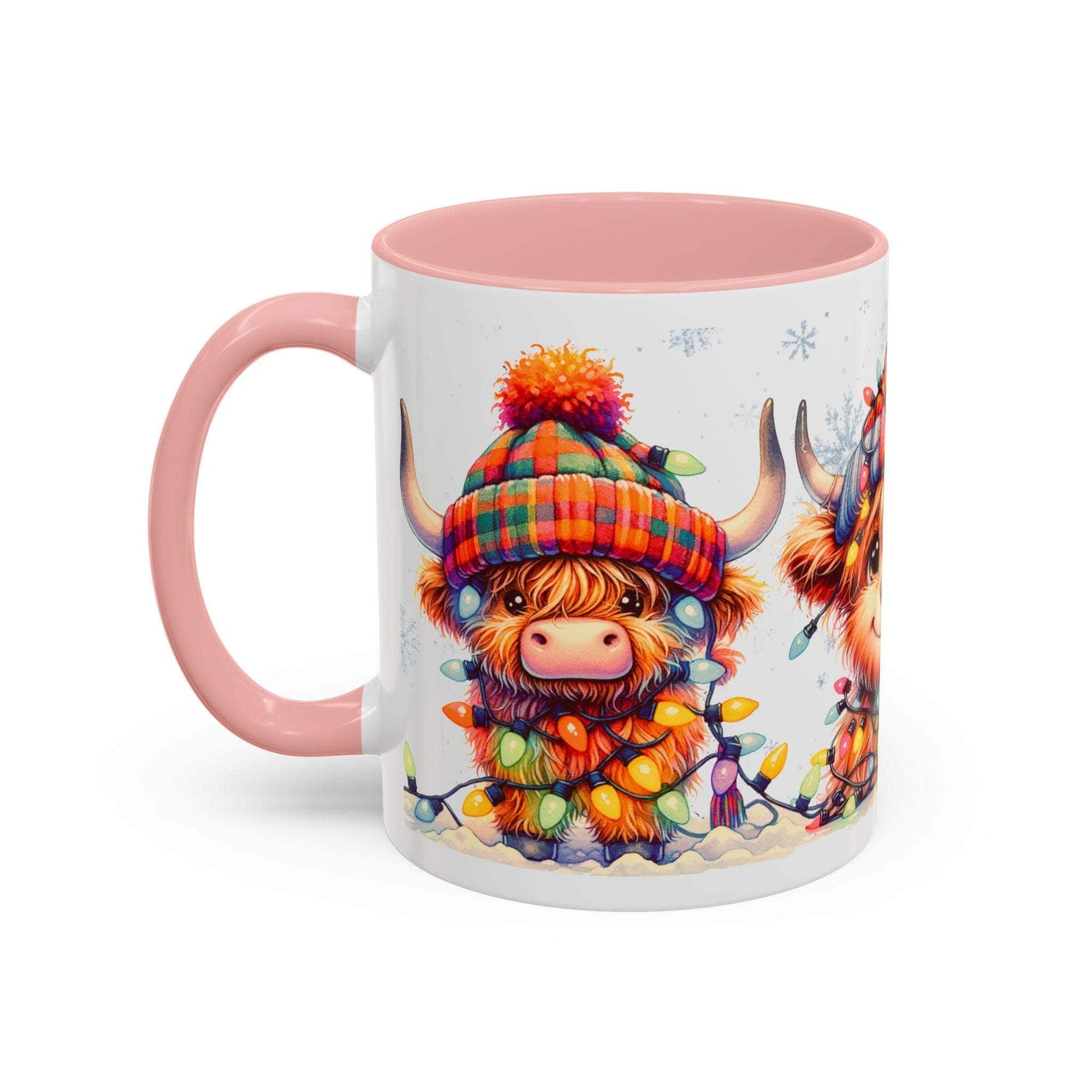 Mug with a cartoon Highland cow wearing a plaid hat and围巾,on a white background