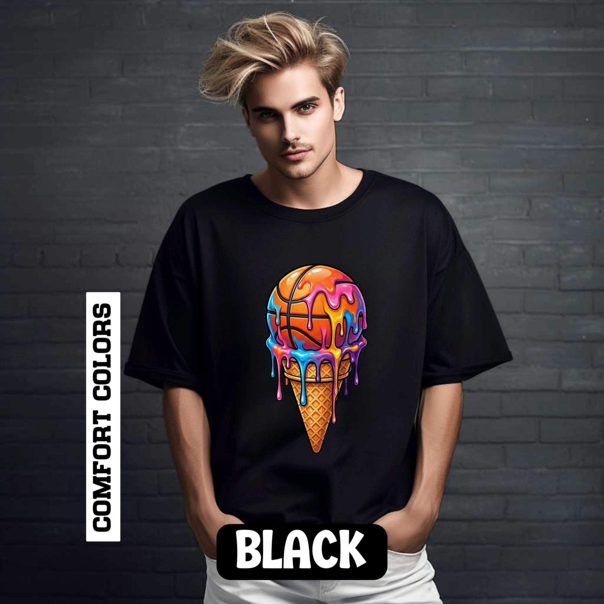 Colorful dripping neon ice cream cone graphic on relaxed-fit cotton t-shirt