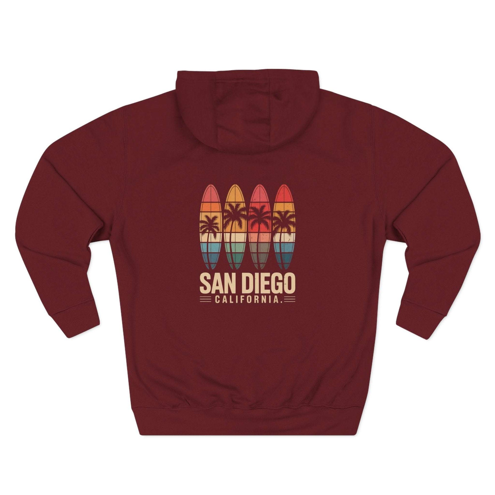 Retro San Diego surfboards fleece hoodie with vintage graphic and kangaroo pocket