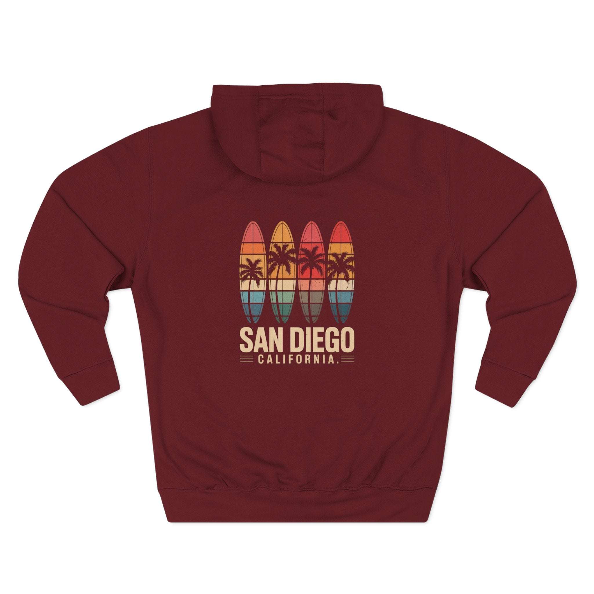 Retro San Diego surfboards fleece hoodie with vintage graphic and kangaroo pocket