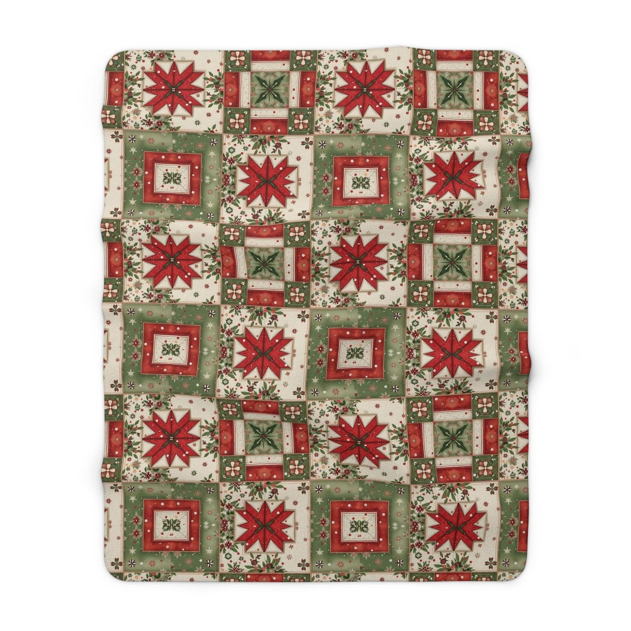 Vintage Christmas Patchwork Sherpa Blanket with plush fleece and patchwork design