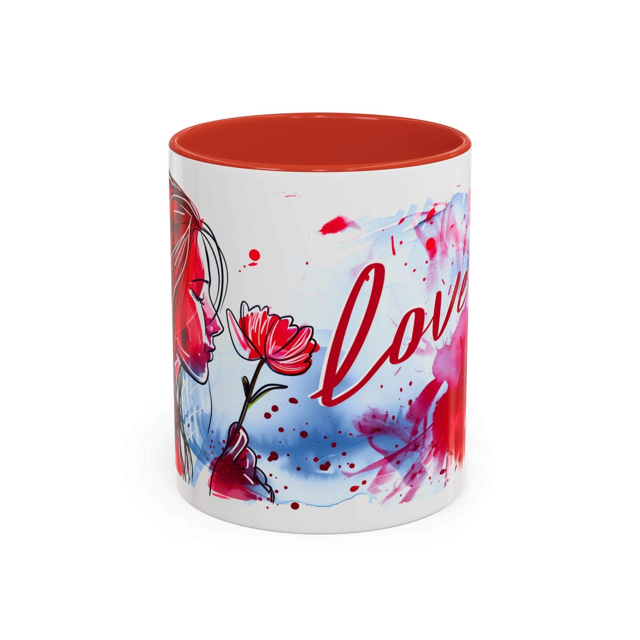 Valentines Floral Love Accent Coffee Mug with red interior and romantic floral heart design