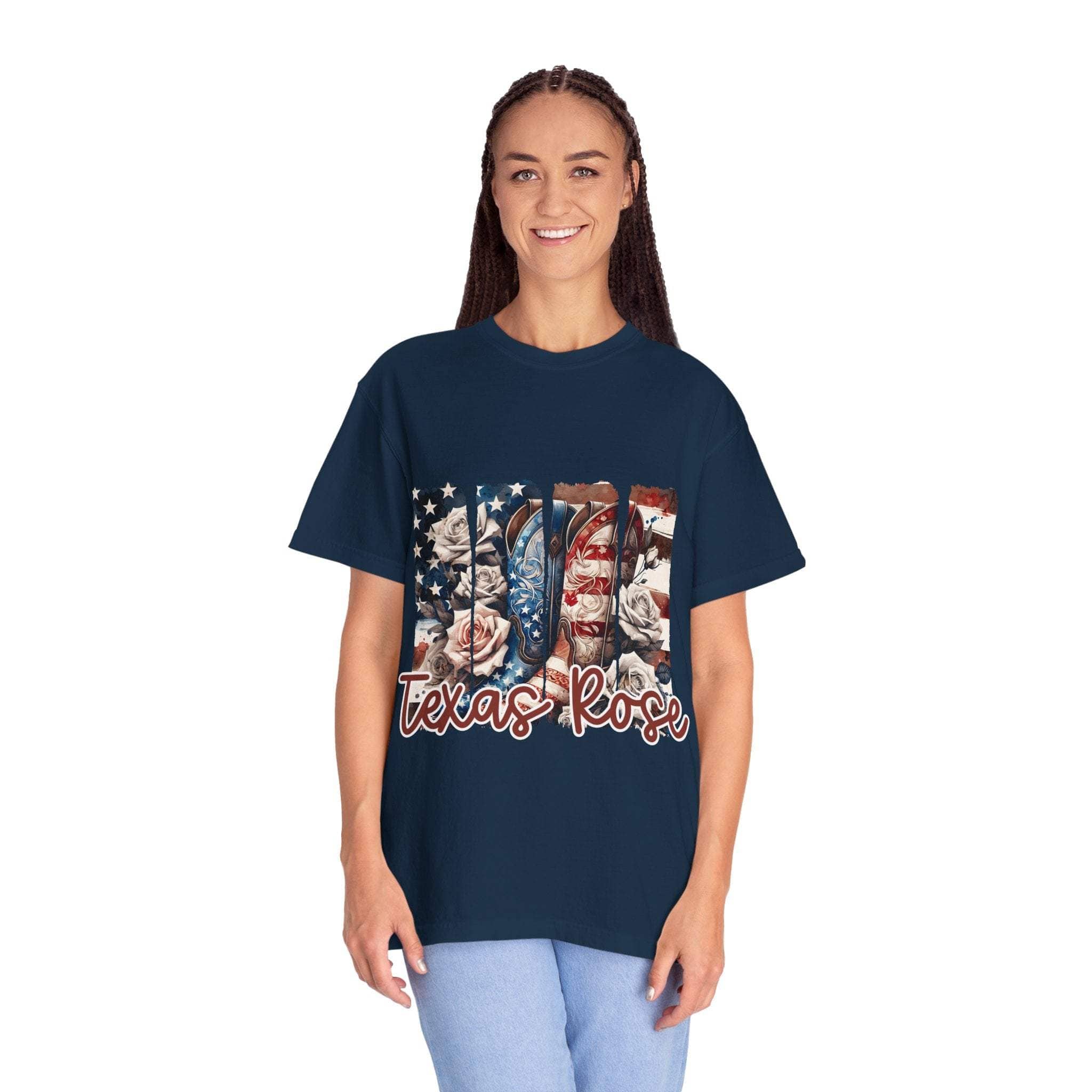 Woman wearing navy Texas Rose T-Shirt with cowboy boots and floral design, relaxed fit cotton tee.
