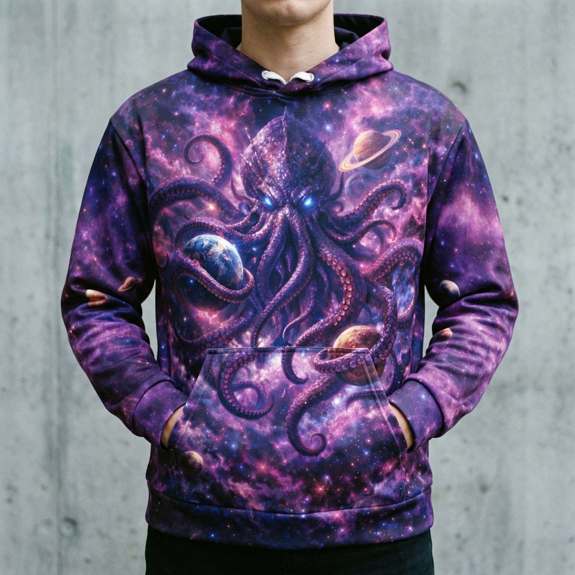 Unisex Cosmic Kraken Hoodie featuring space-themed kraken tentacles wrapping planets and nebulas in purple and pink hues