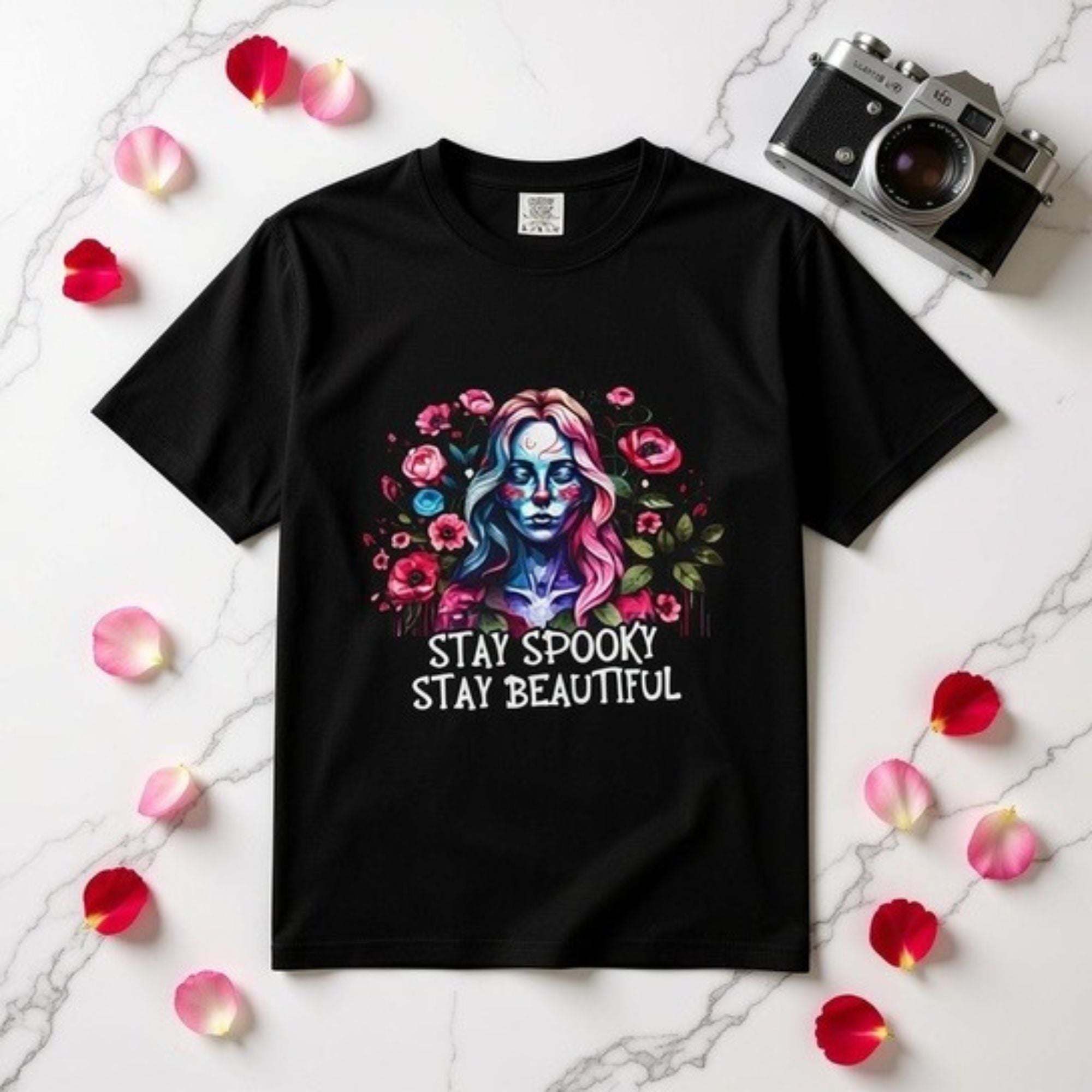 Black relaxed fit floral skeleton t-shirt with spooky floral lady design and "Stay Spooky Stay Beautiful" text