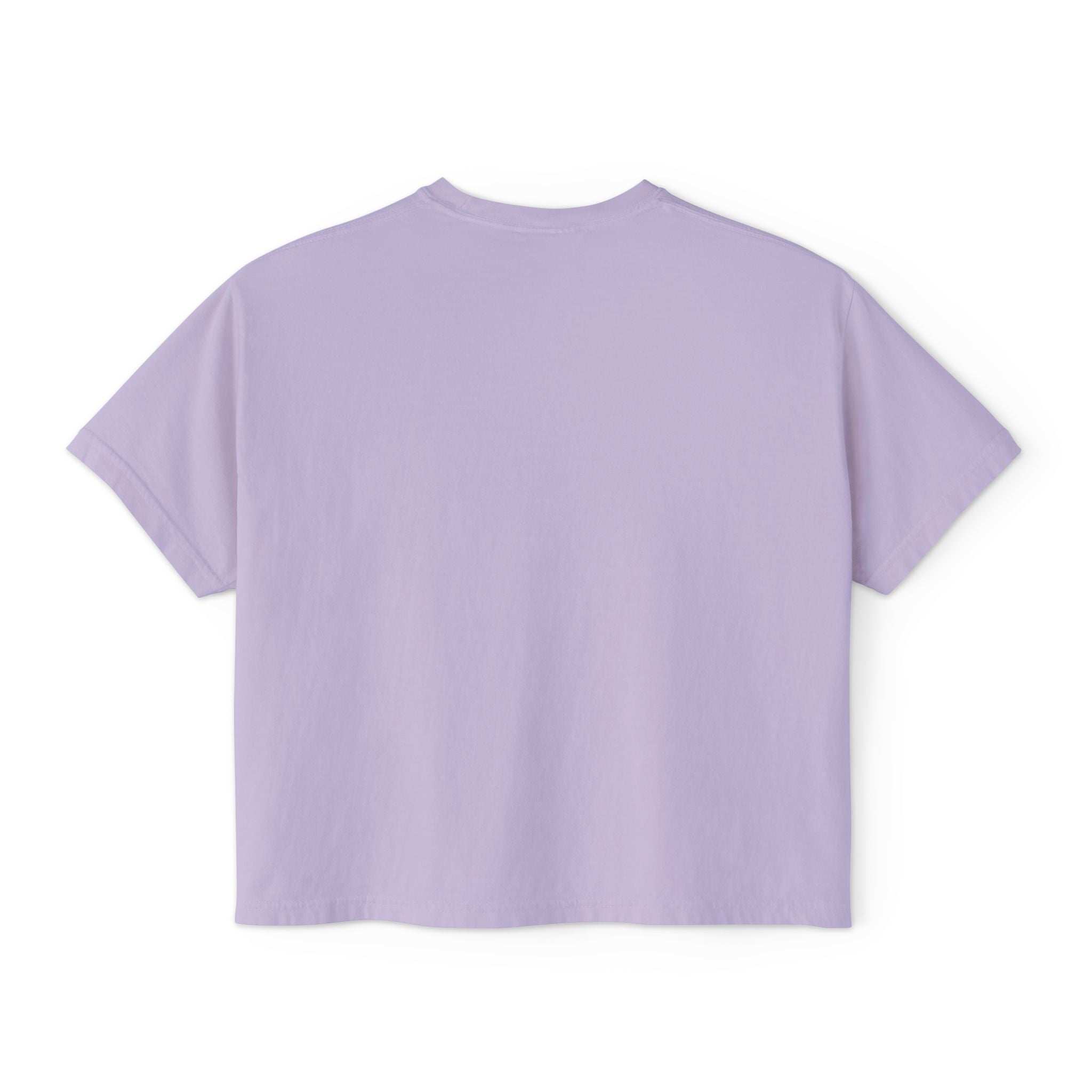 Back view of lavender women's boxy tee made from 100% ring-spun cotton with a slightly cropped fit