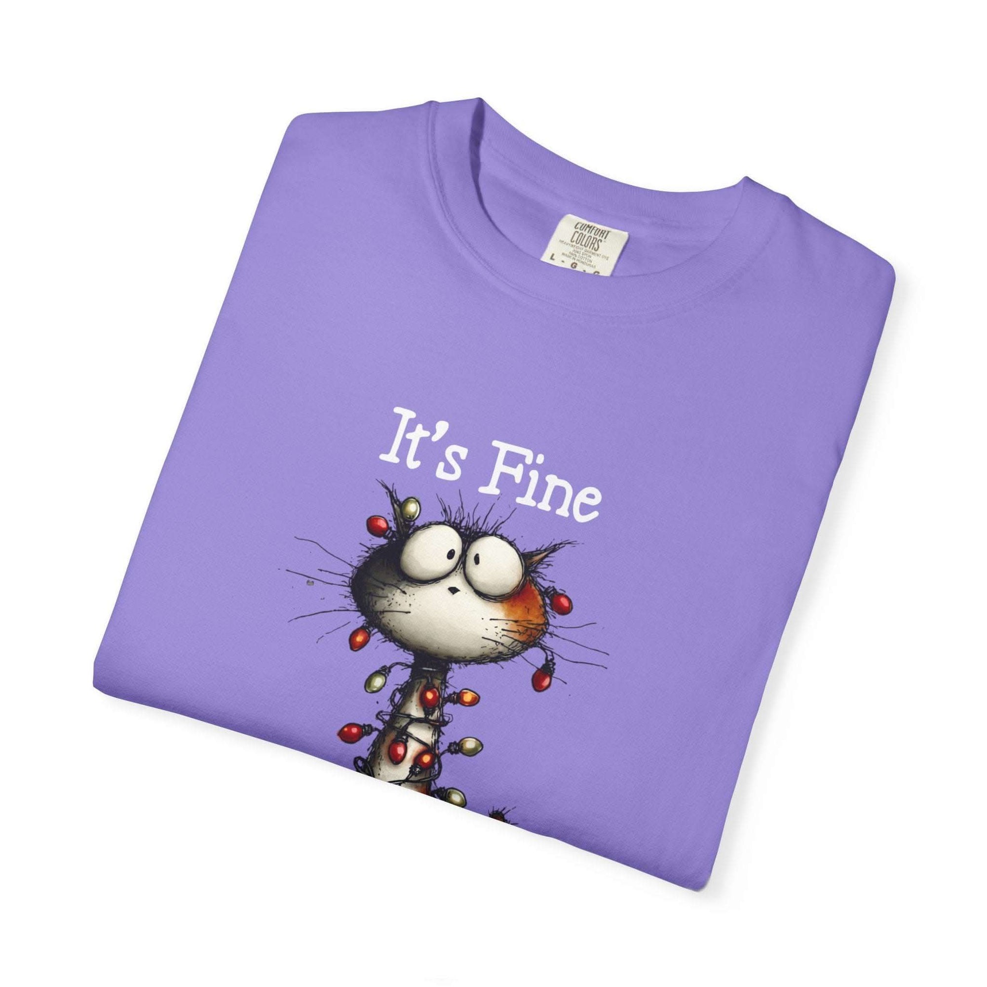 Purple cat t-shirt with "It's Fine" text and humorous small cat illustration, garment-dyed cotton with soft vintage feel