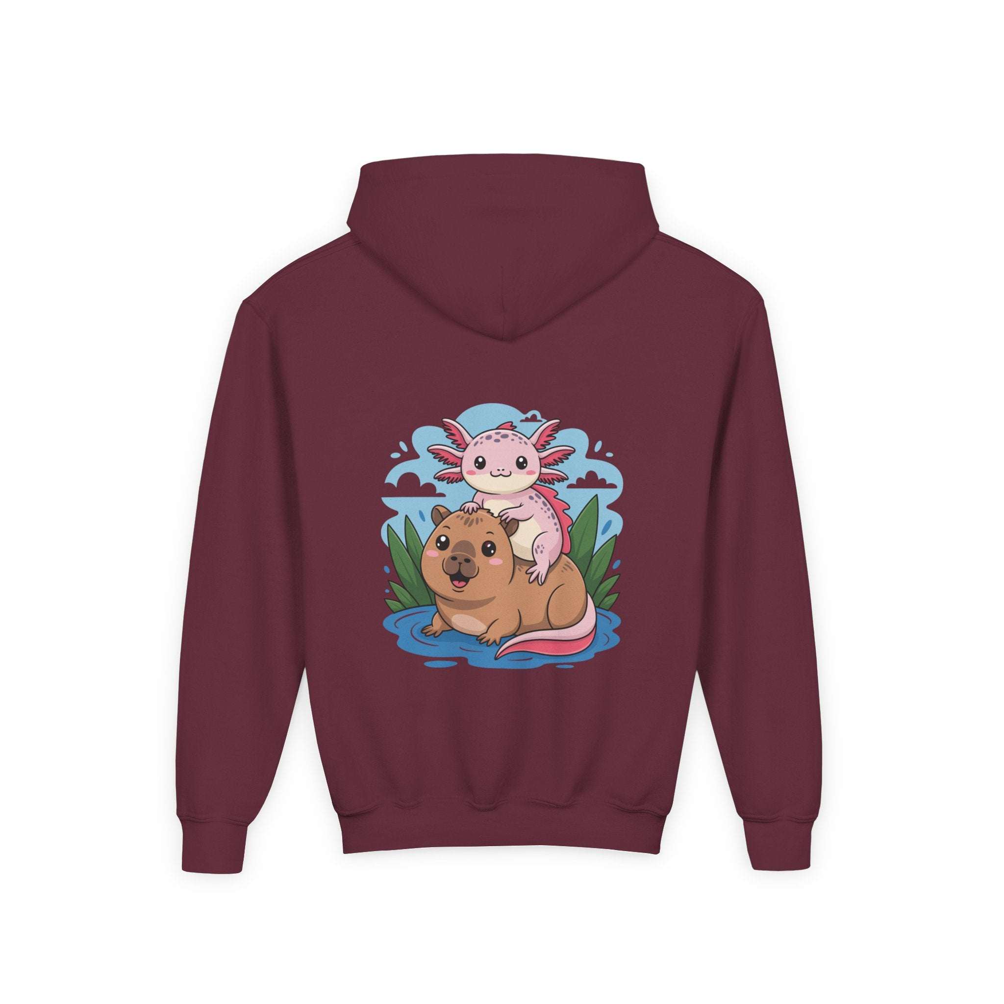 Youth hoodie with playful axolotl and capybara design in soft cotton-poly blend sweatshirt