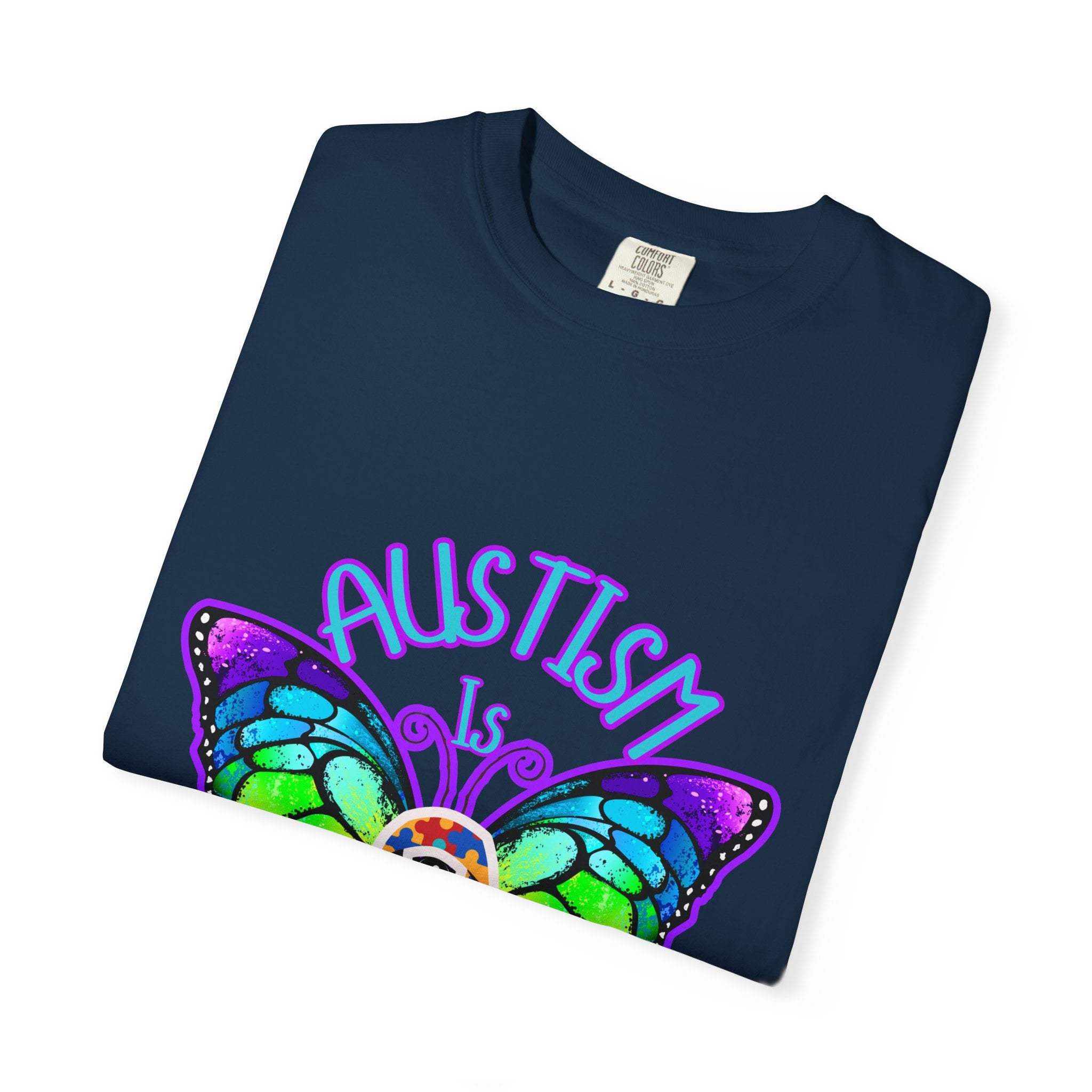 Navy blue Autism is Beautiful T-shirt with colorful butterfly design and autism awareness message, unisex cotton apparel for support and acceptance
