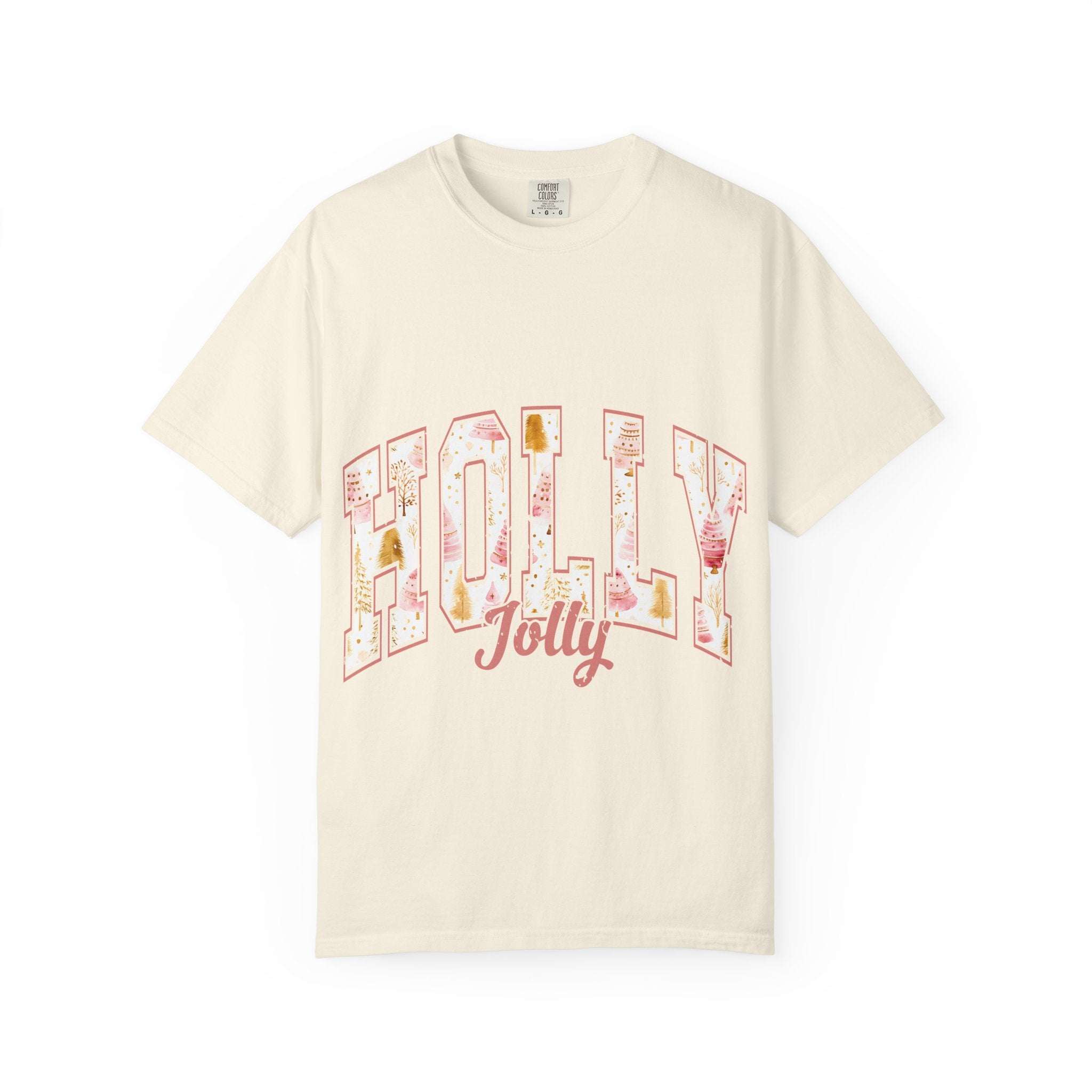 Cream varsity holly jolly T-shirt with festive lettering and soft garment-dyed fabric