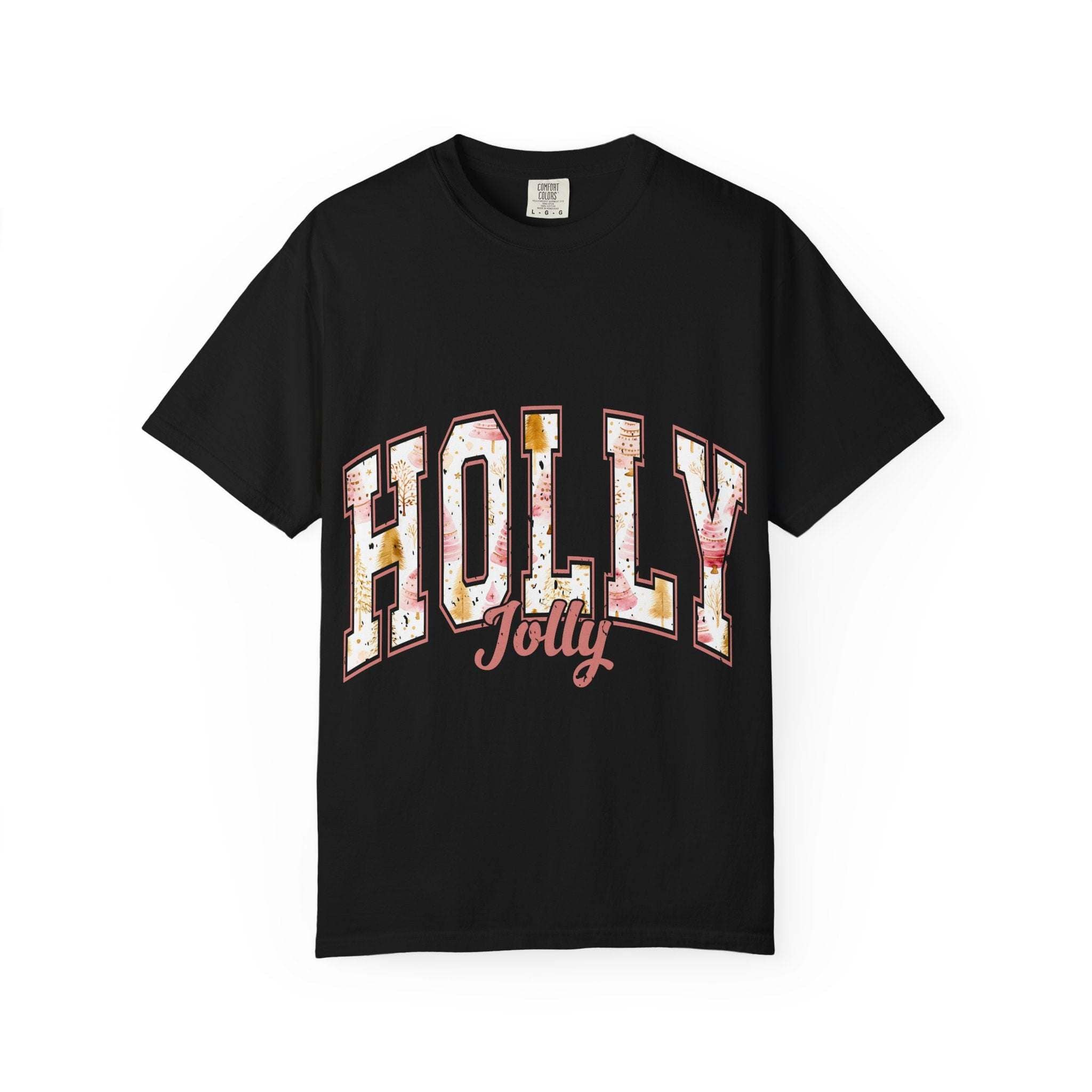 Black Varsity Holly Jolly T-shirt with festive lettering, unisex garment-dyed cotton tee.