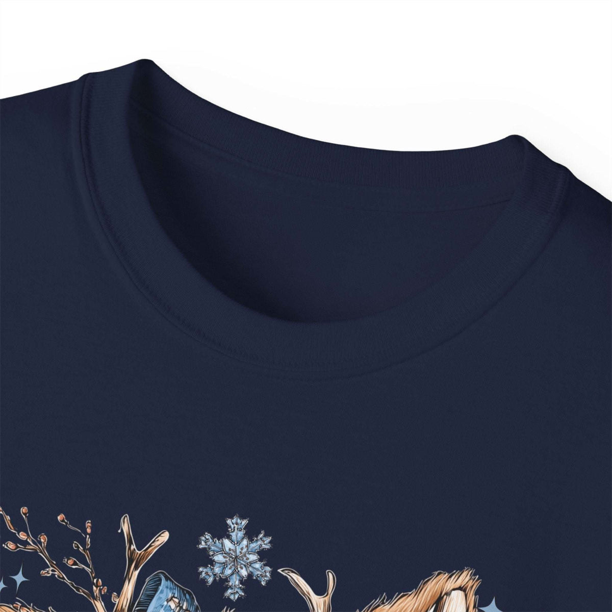 Close-up of navy blue Retro Patchwork Reindeer T-shirt with festive holiday design