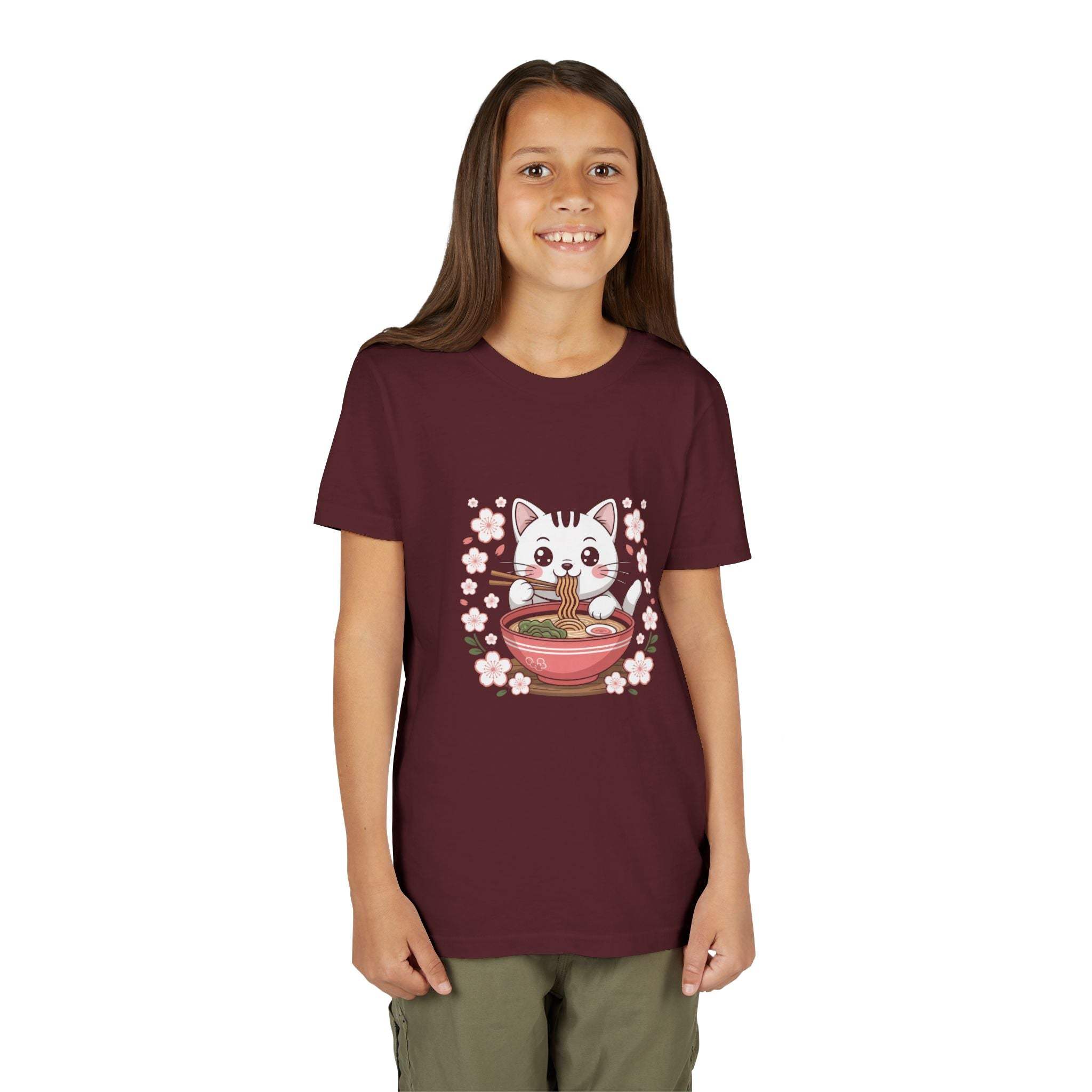 Youth tee with kawaii cat eating ramen bowl in cute anime style