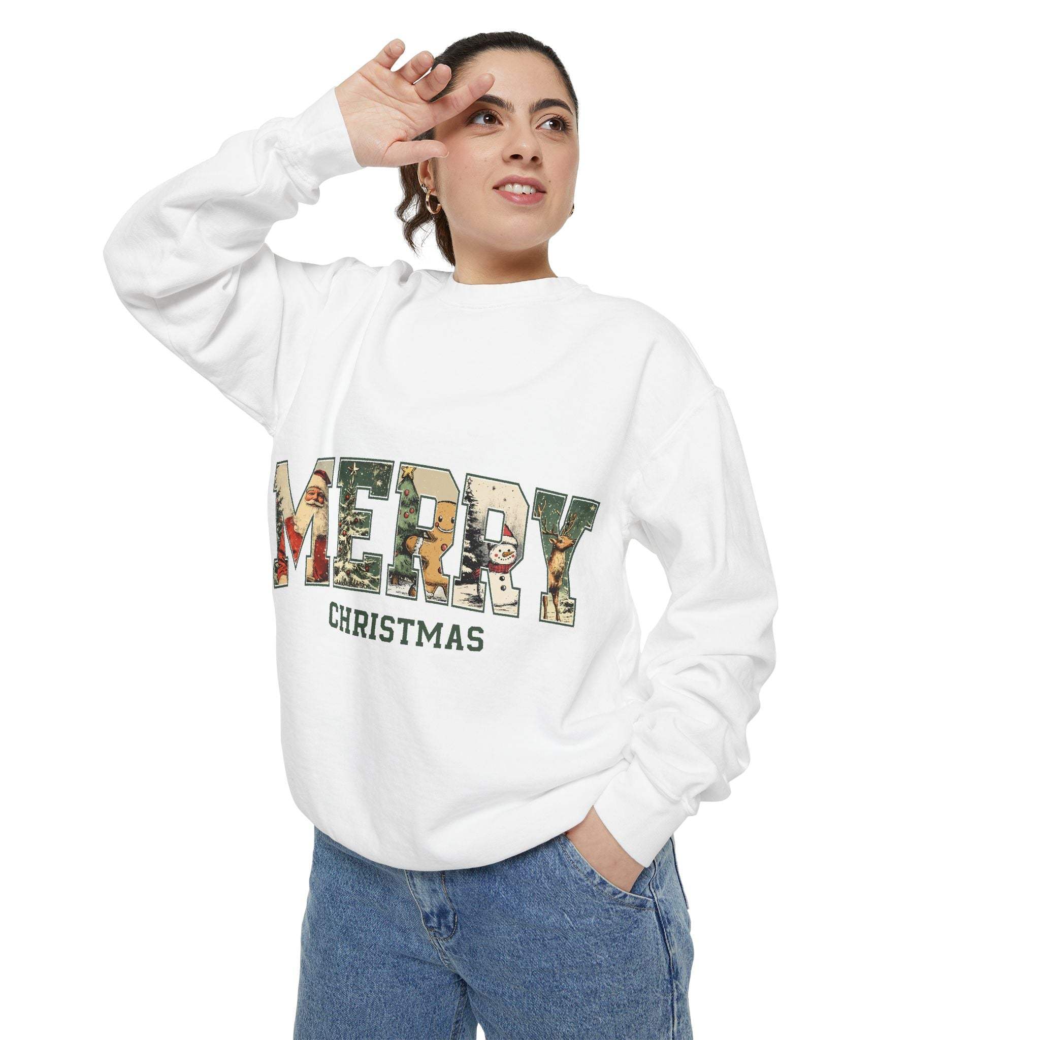 Woman wearing white vintage varsity Merry Christmas sweatshirt with festive print and relaxed fit