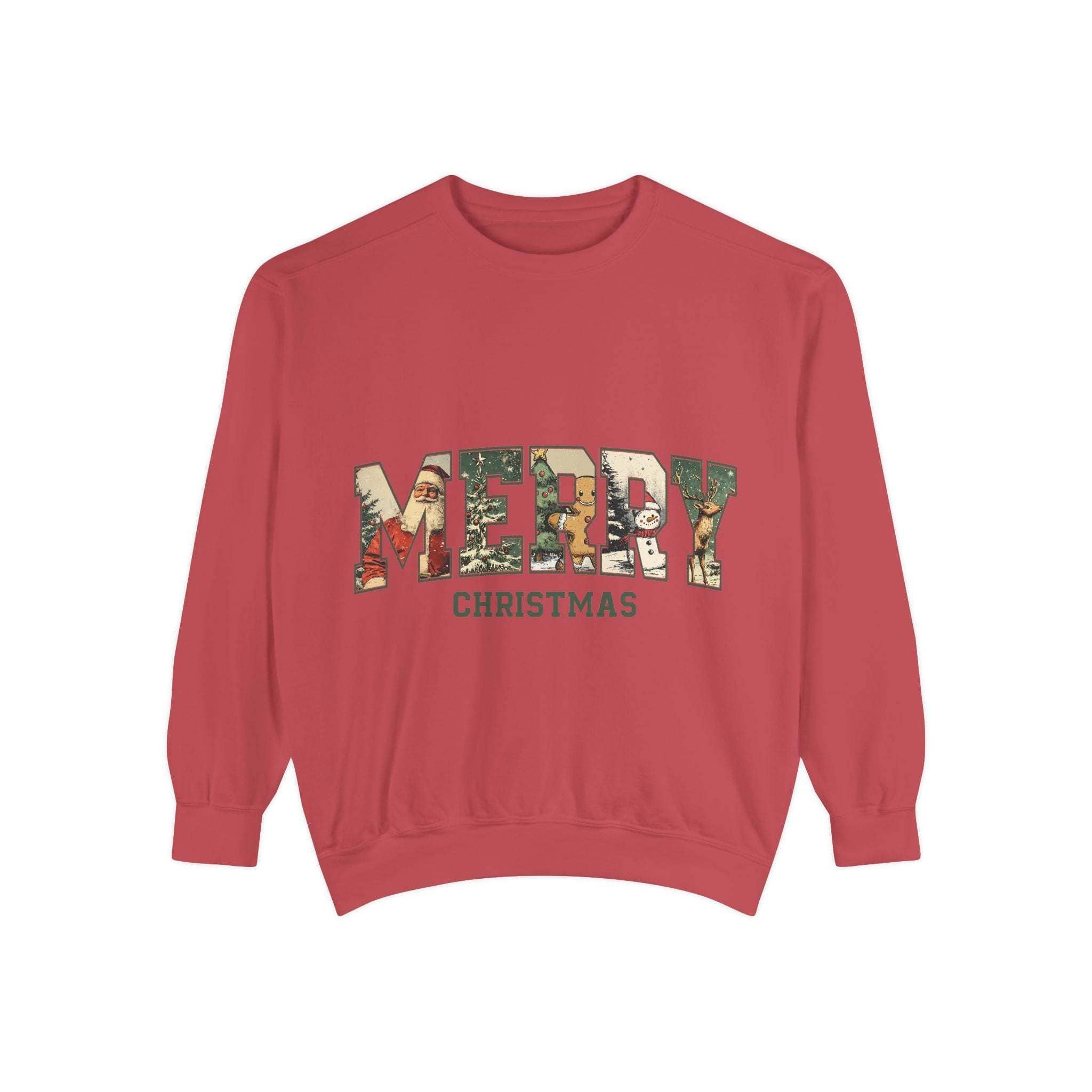 White vintage varsity Merry Christmas sweatshirt by Printify, featuring festive holiday lettering