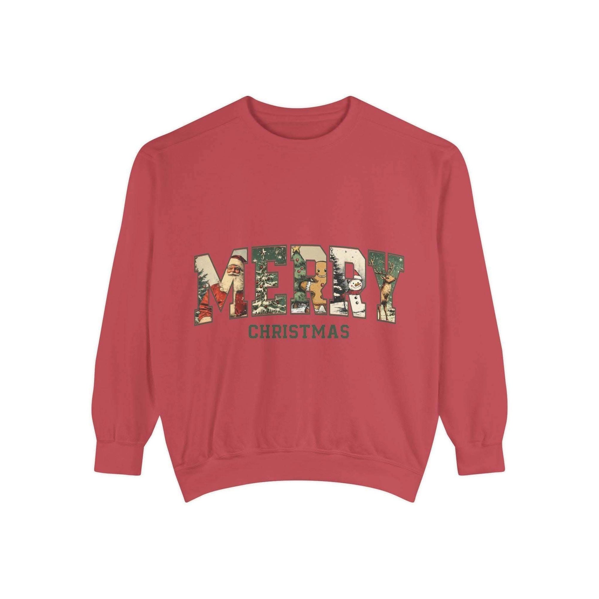 White vintage varsity Merry Christmas sweatshirt by Printify, featuring festive holiday lettering