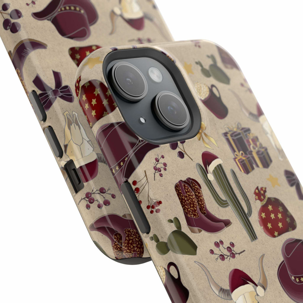 Cowboy Christmas design phone case for iPhone 17 in glossy finish by Printify, featuring festive colors and patterns.