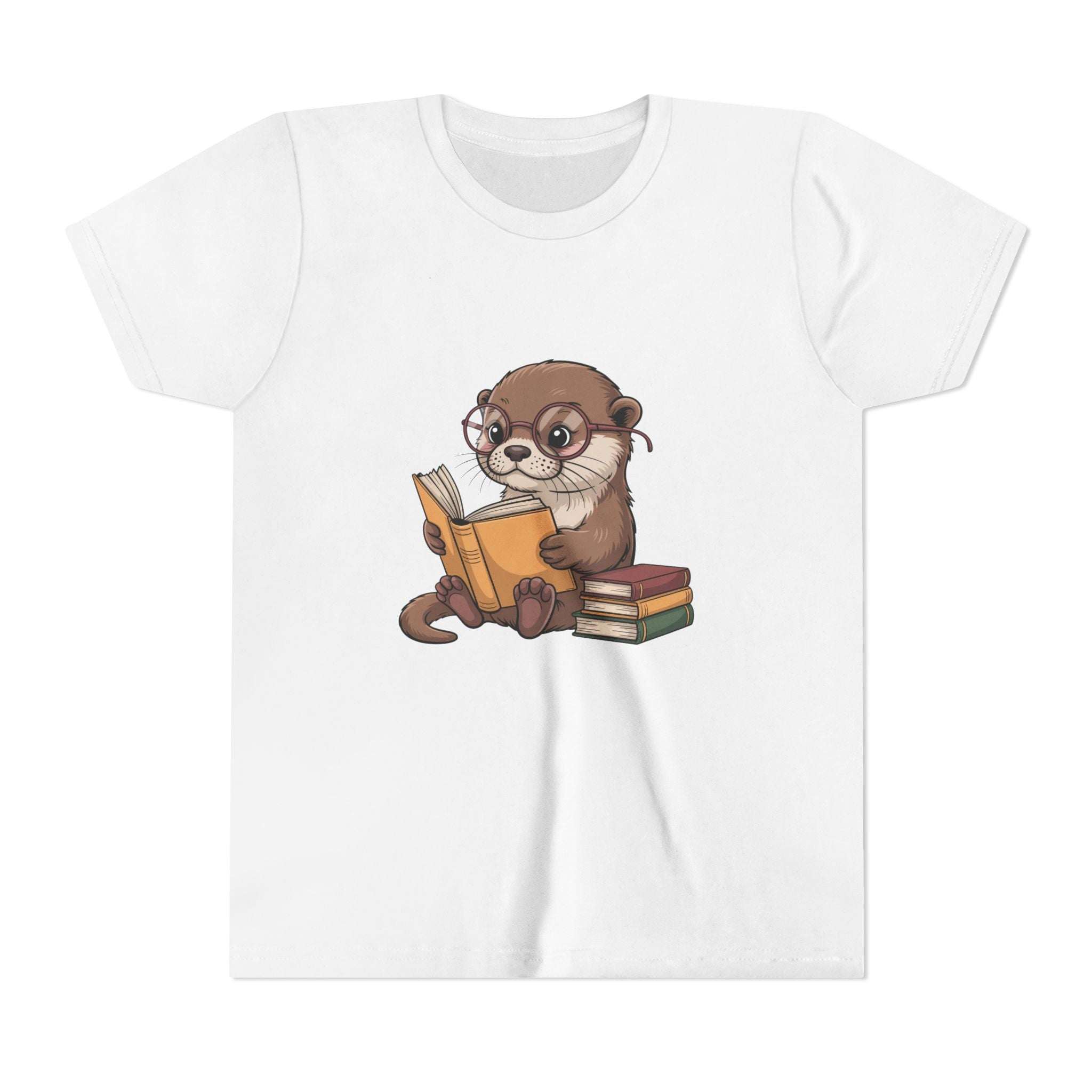 White t-shirt with an otter reading a book graphic on a white background