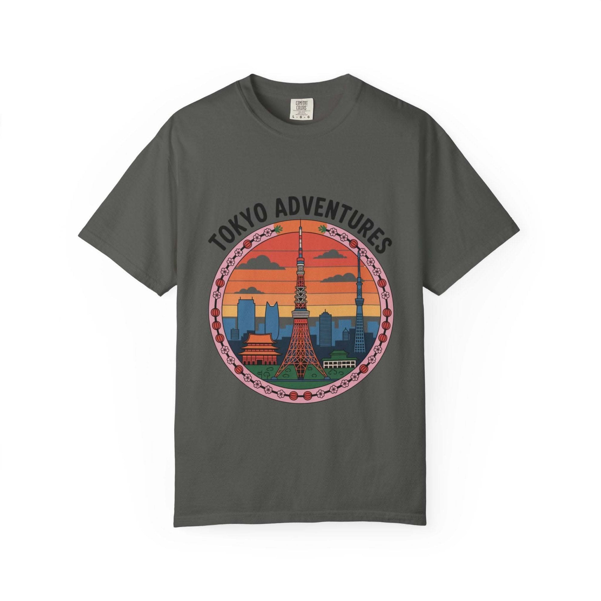 Red garment-dyed cotton t-shirt featuring 'Tokyo Adventures' design by Printify